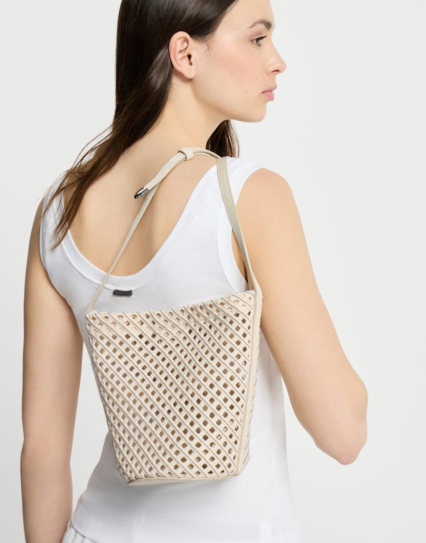 Net sartorial small bucket bag Ivory Woman - Brunello Cucinelli