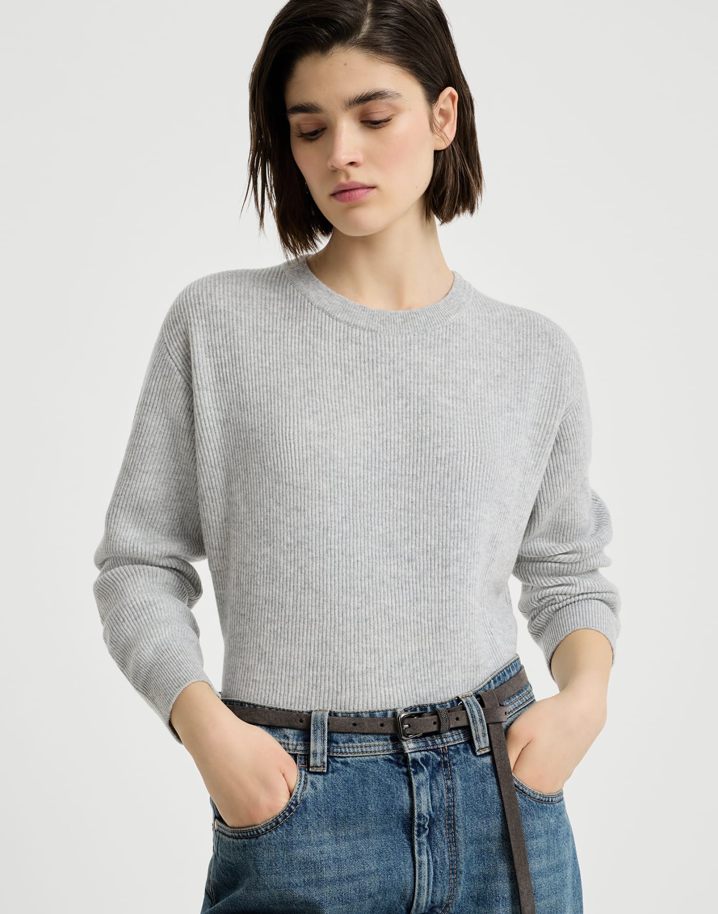 English rib cashmere sweater Light Grey Woman - Brunello Cucinelli