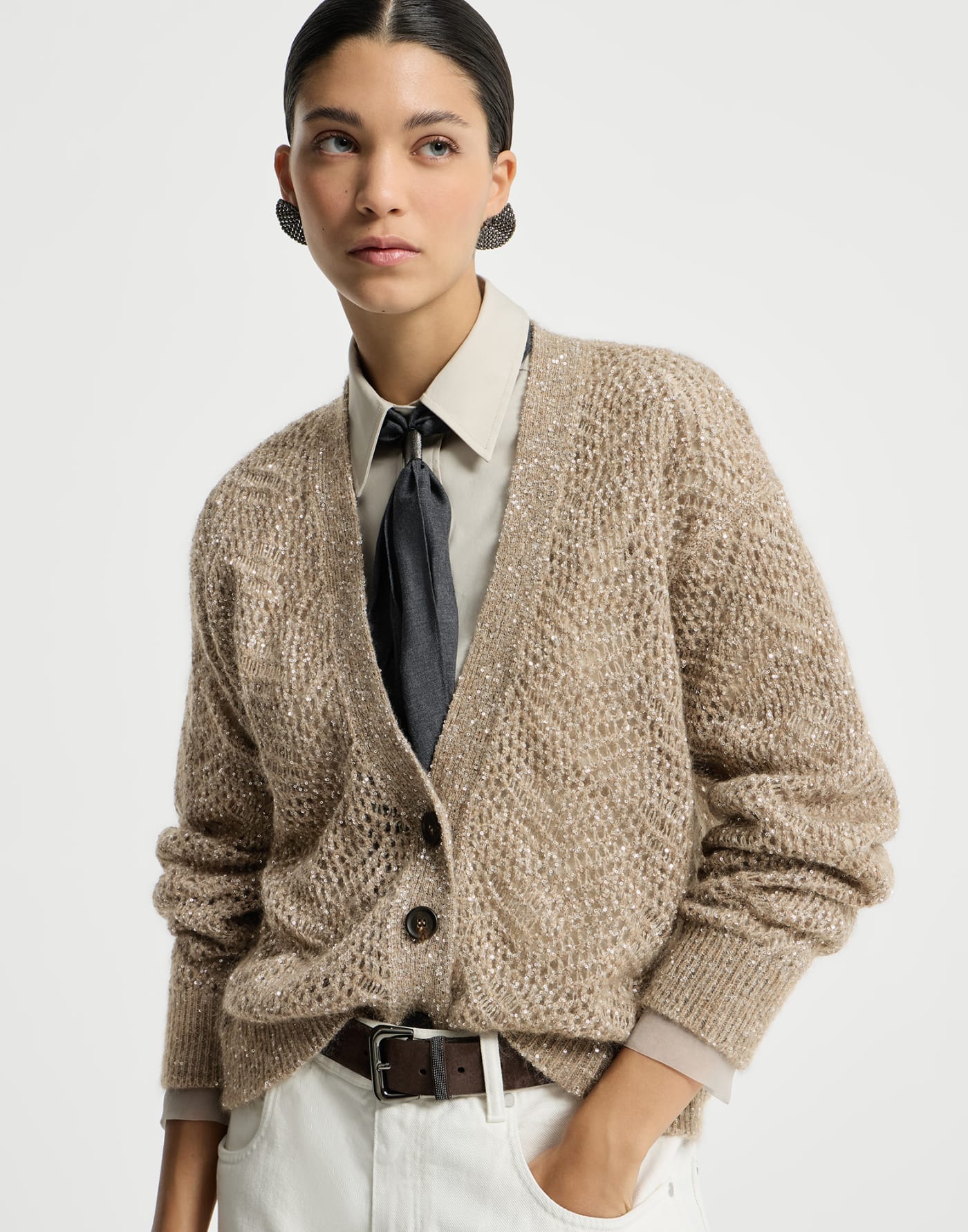 Cardigan Hoja Abstracta Deslumbrante Marrón Claro Mujer - Brunello Cucinelli