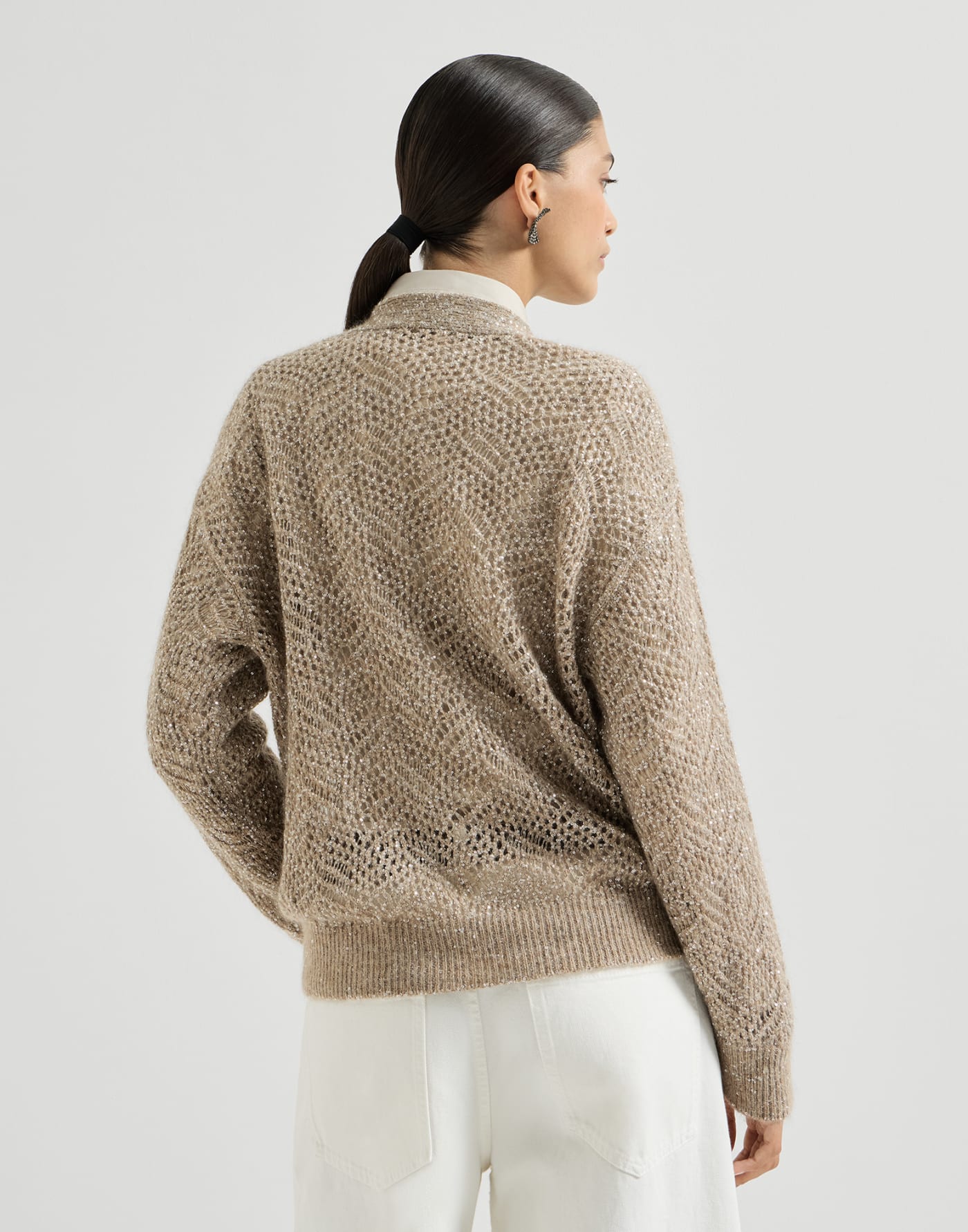 Cardigan Hoja Abstracta Deslumbrante Marrón Claro Mujer - Brunello Cucinelli