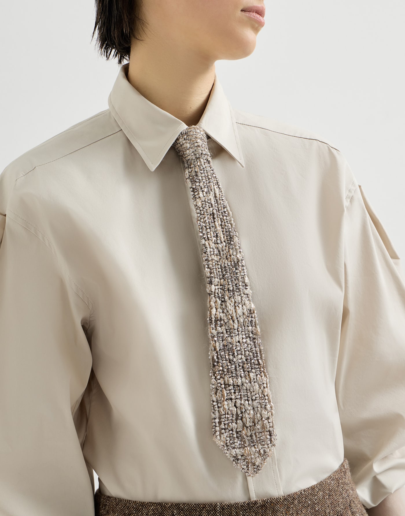 Dazzling Craquelé Embroidery Tie Silver Woman - Brunello Cucinelli