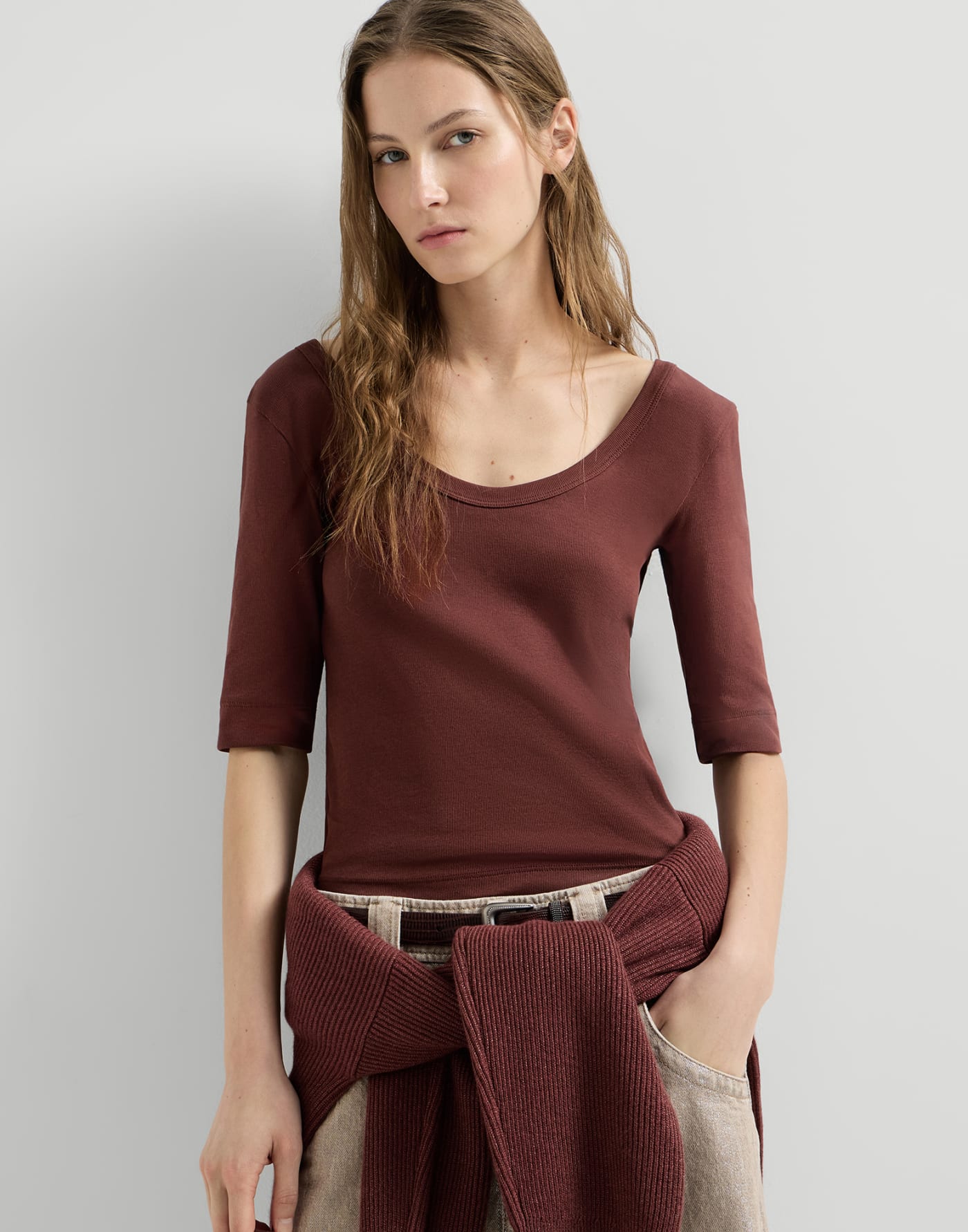 Ribbed jersey T-shirt Wine Woman - Brunello Cucinelli