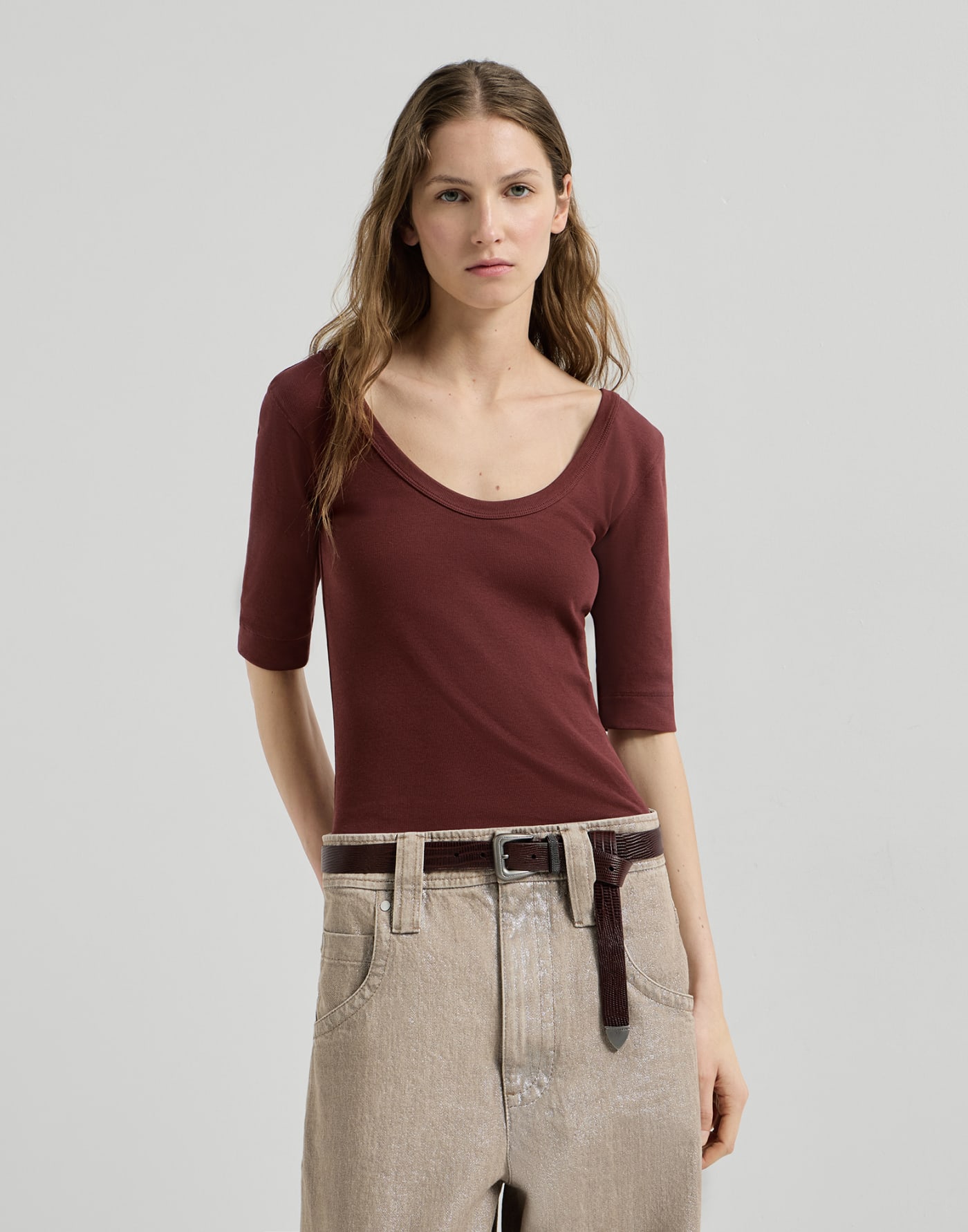 Ribbed jersey T-shirt Wine Woman - Brunello Cucinelli