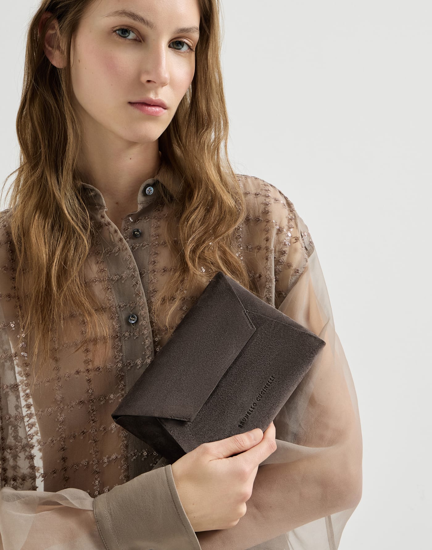Pochette Duo in camoscio con Precious Chain Pepe Donna - Brunello Cucinelli