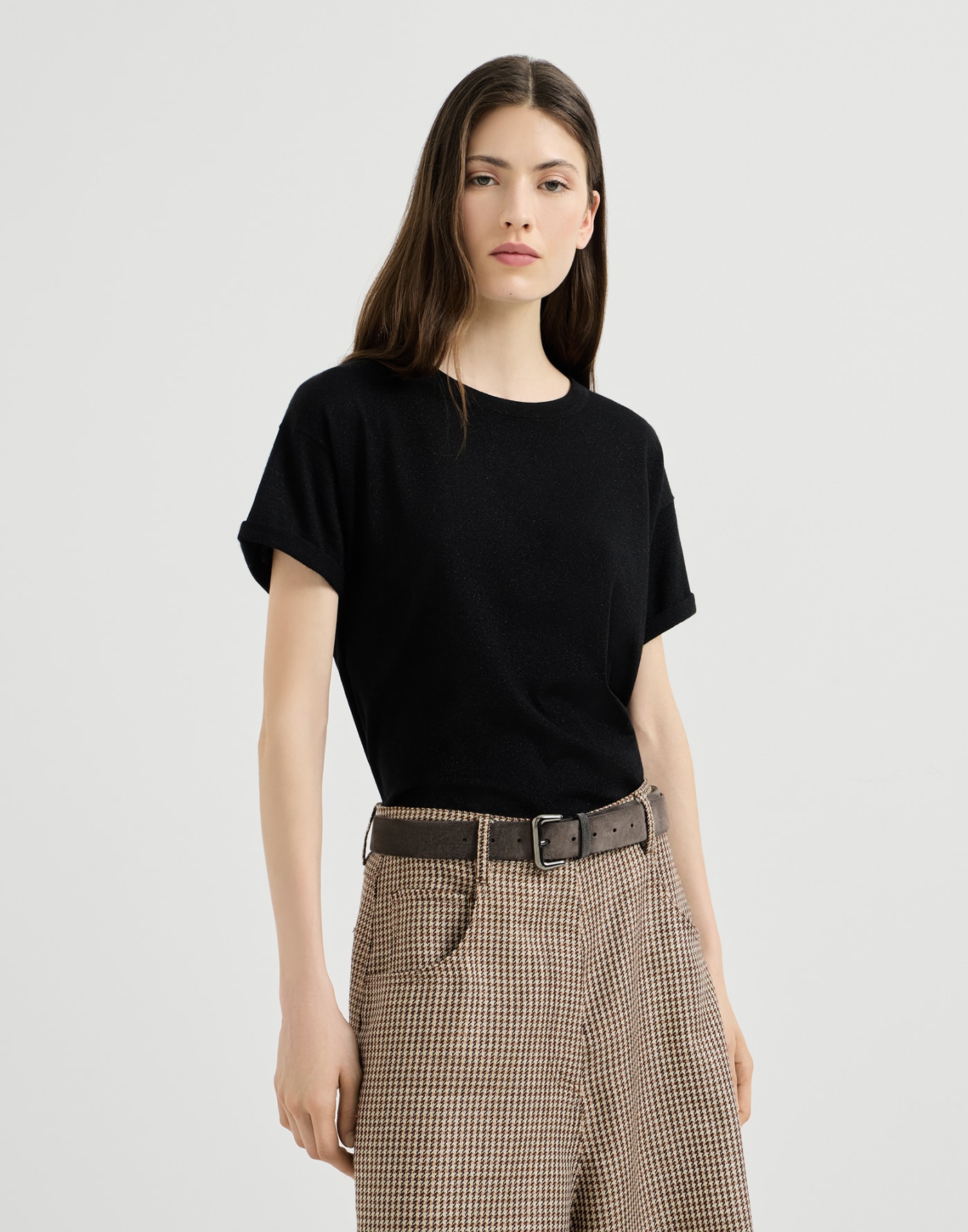 Cashmere and silk knit T-shirt Black Woman - Brunello Cucinelli