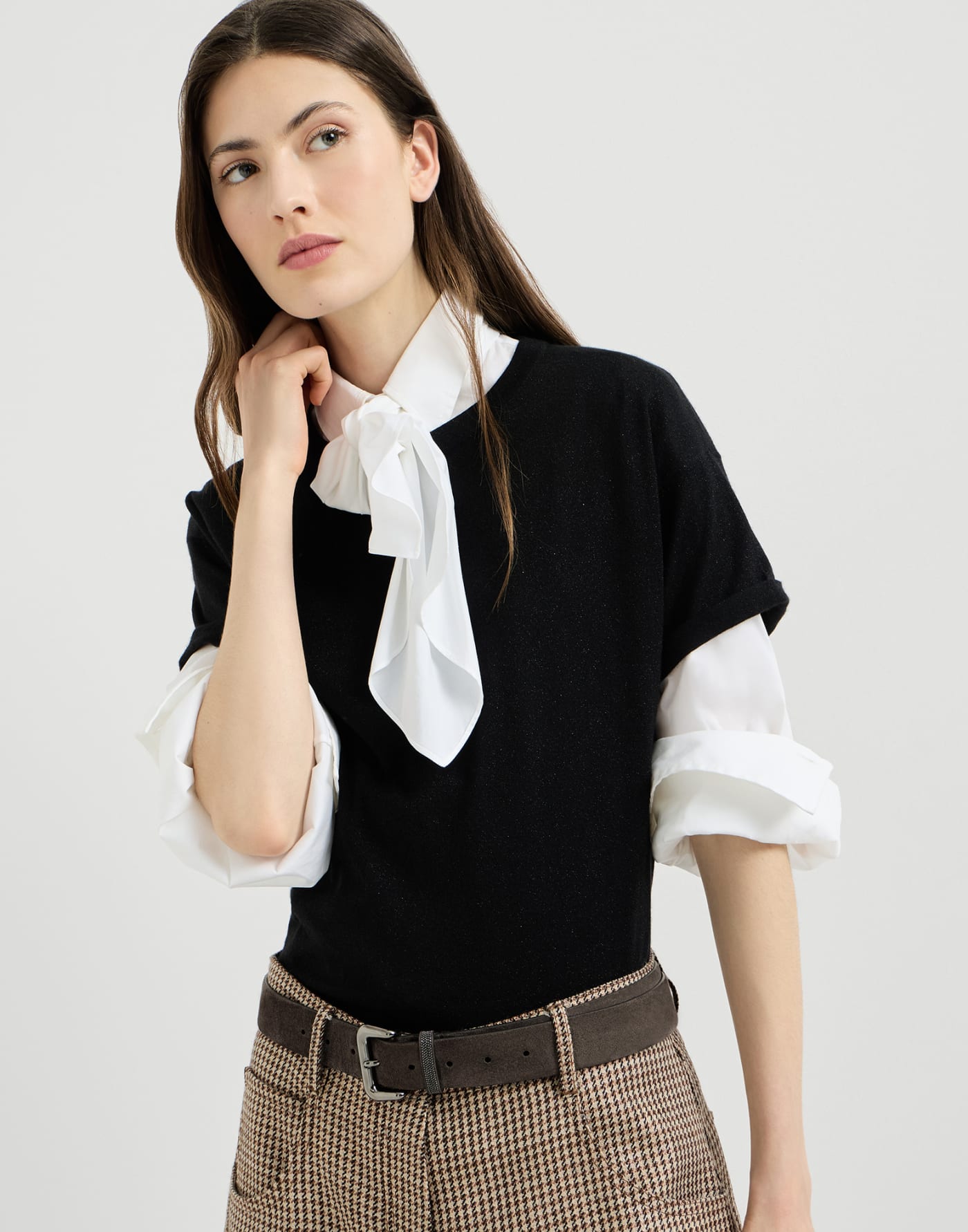 Cashmere and silk knit T-shirt Black Woman - Brunello Cucinelli