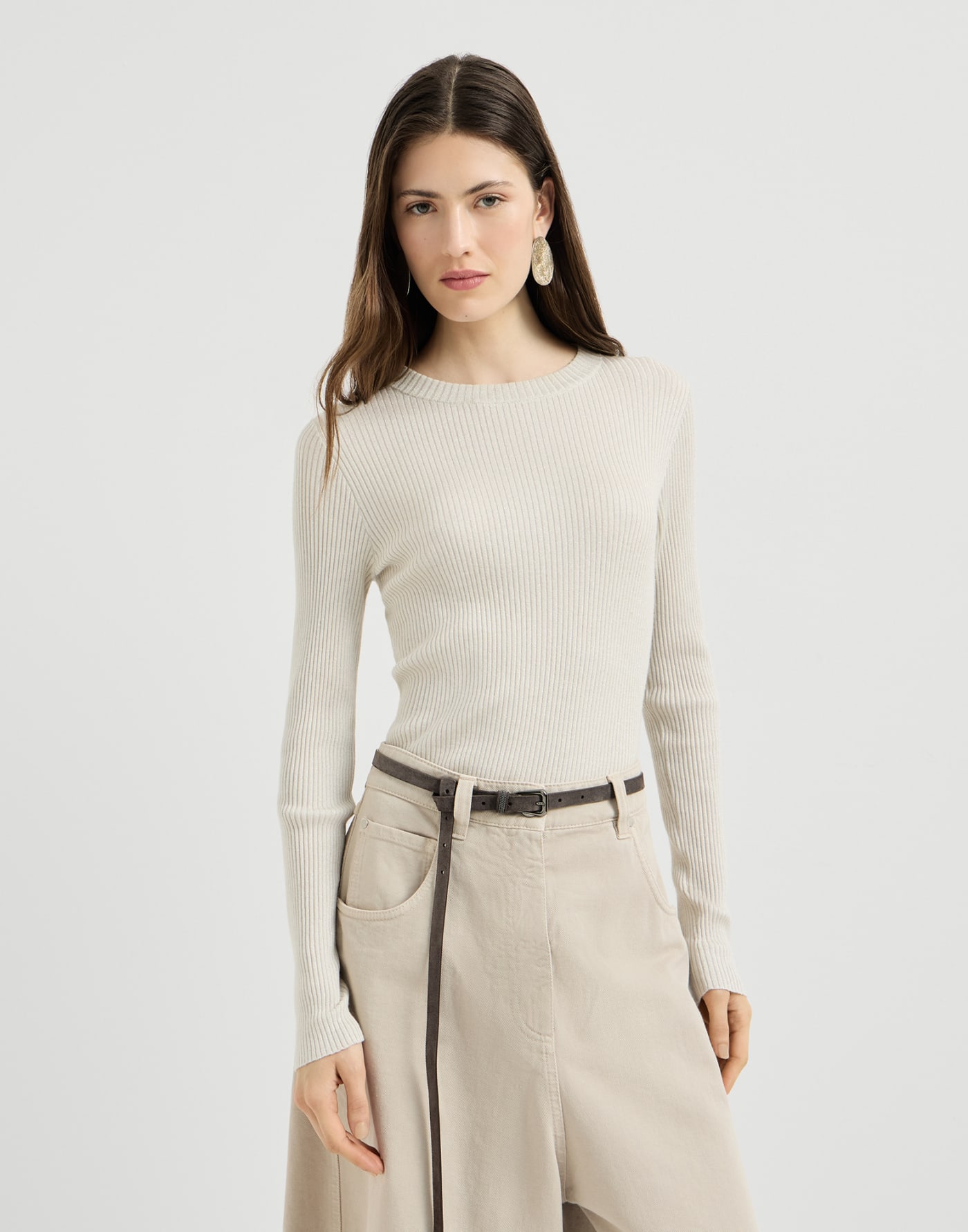 Cashmere and silk ribbed sweater Milk Woman - Brunello Cucinelli