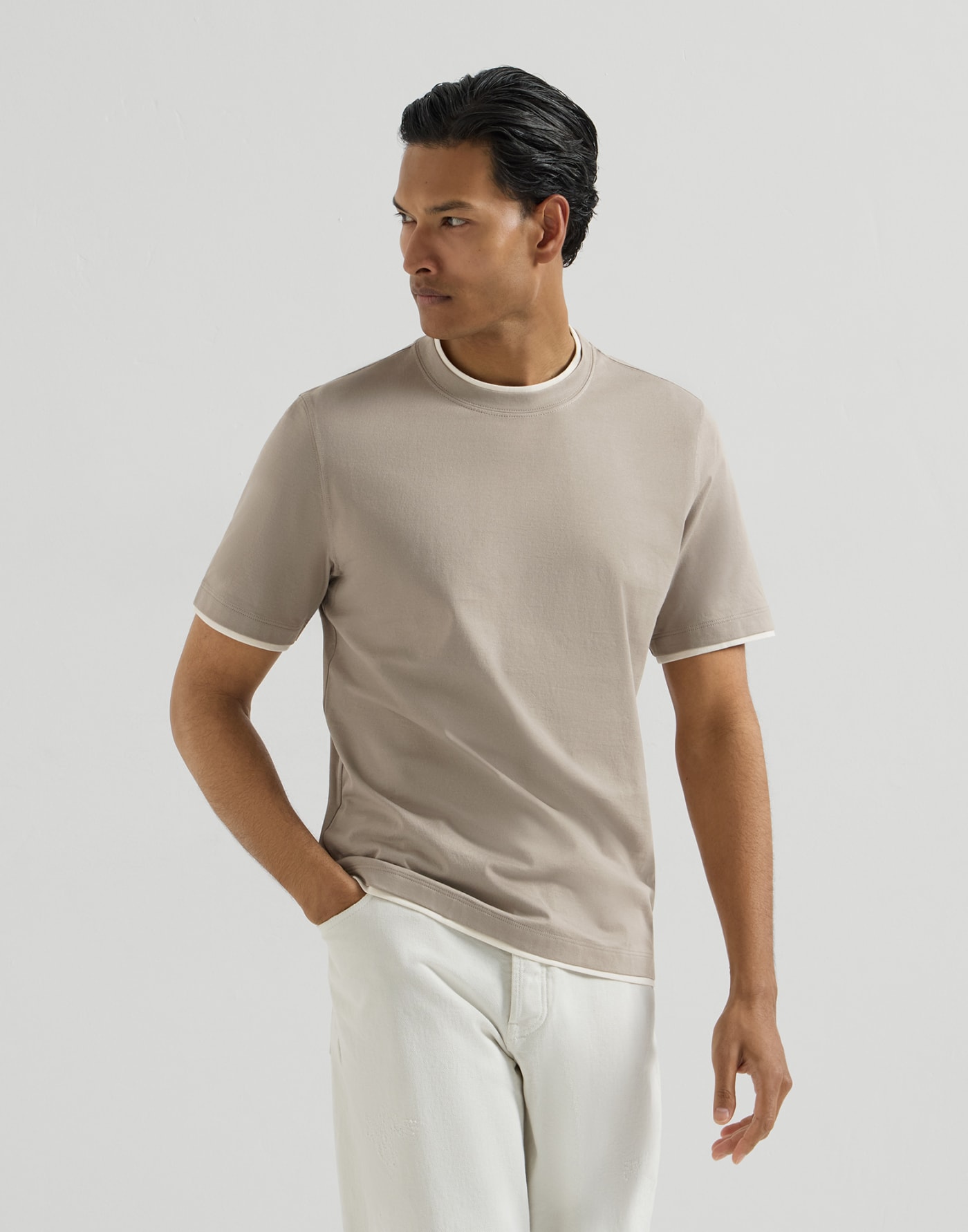 T-shirt with faux-layering Light Brown Man - Brunello Cucinelli