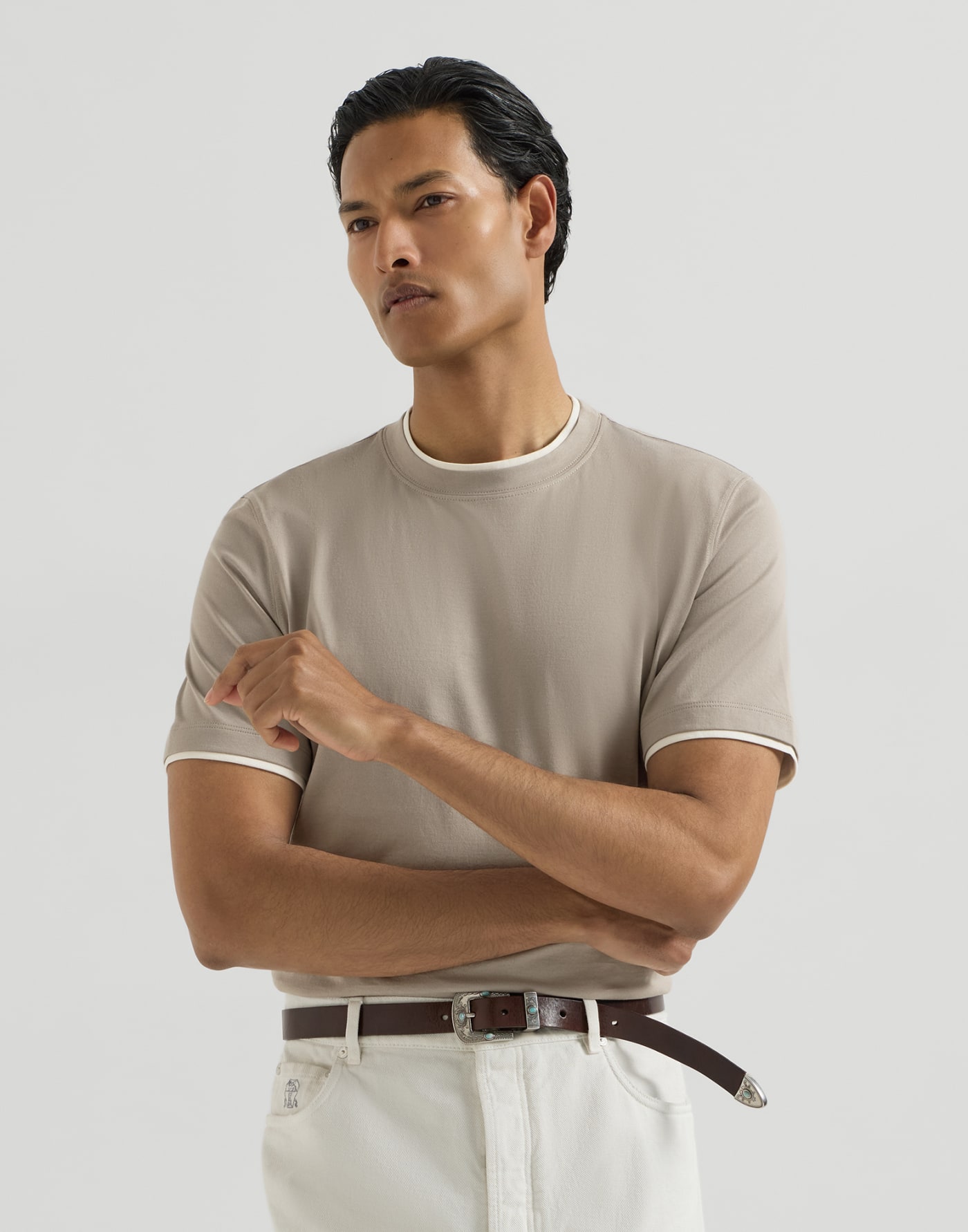 T-shirt with faux-layering Light Brown Man - Brunello Cucinelli