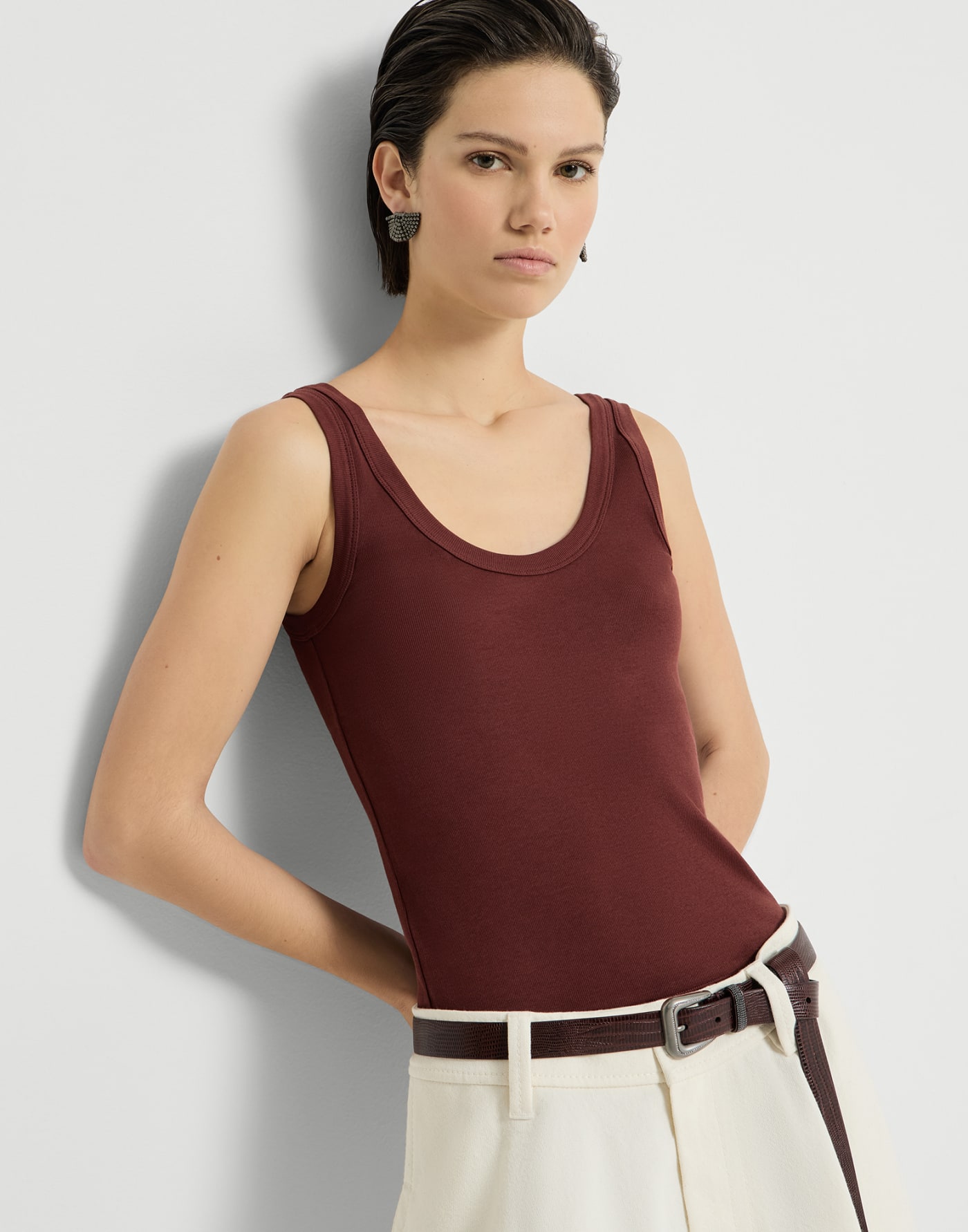 Ribbed jersey top with monili Wine Woman - Brunello Cucinelli