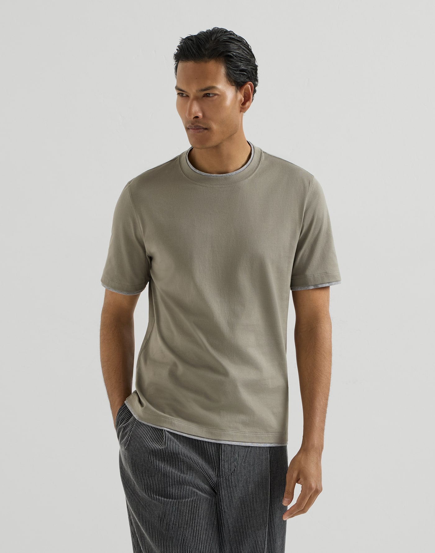 T-shirt with faux-layering Khaki Man - Brunello Cucinelli