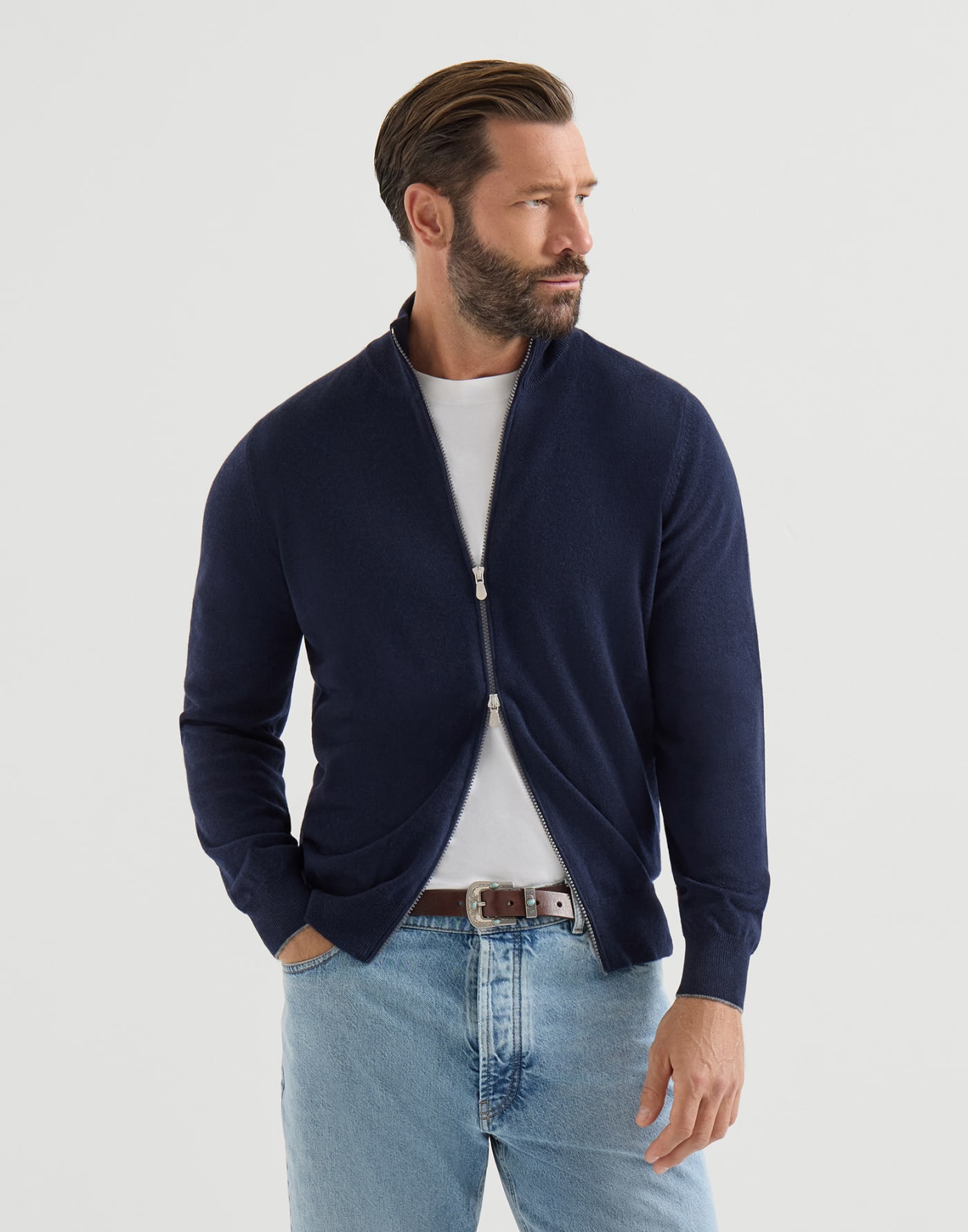Cashmere high-neck cardigan with zipper Navy Blue Man - Brunello Cucinelli
