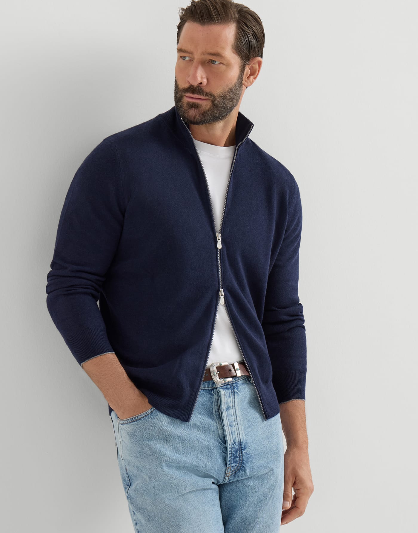 Cashmere high-neck cardigan with zipper Navy Blue Man - Brunello Cucinelli