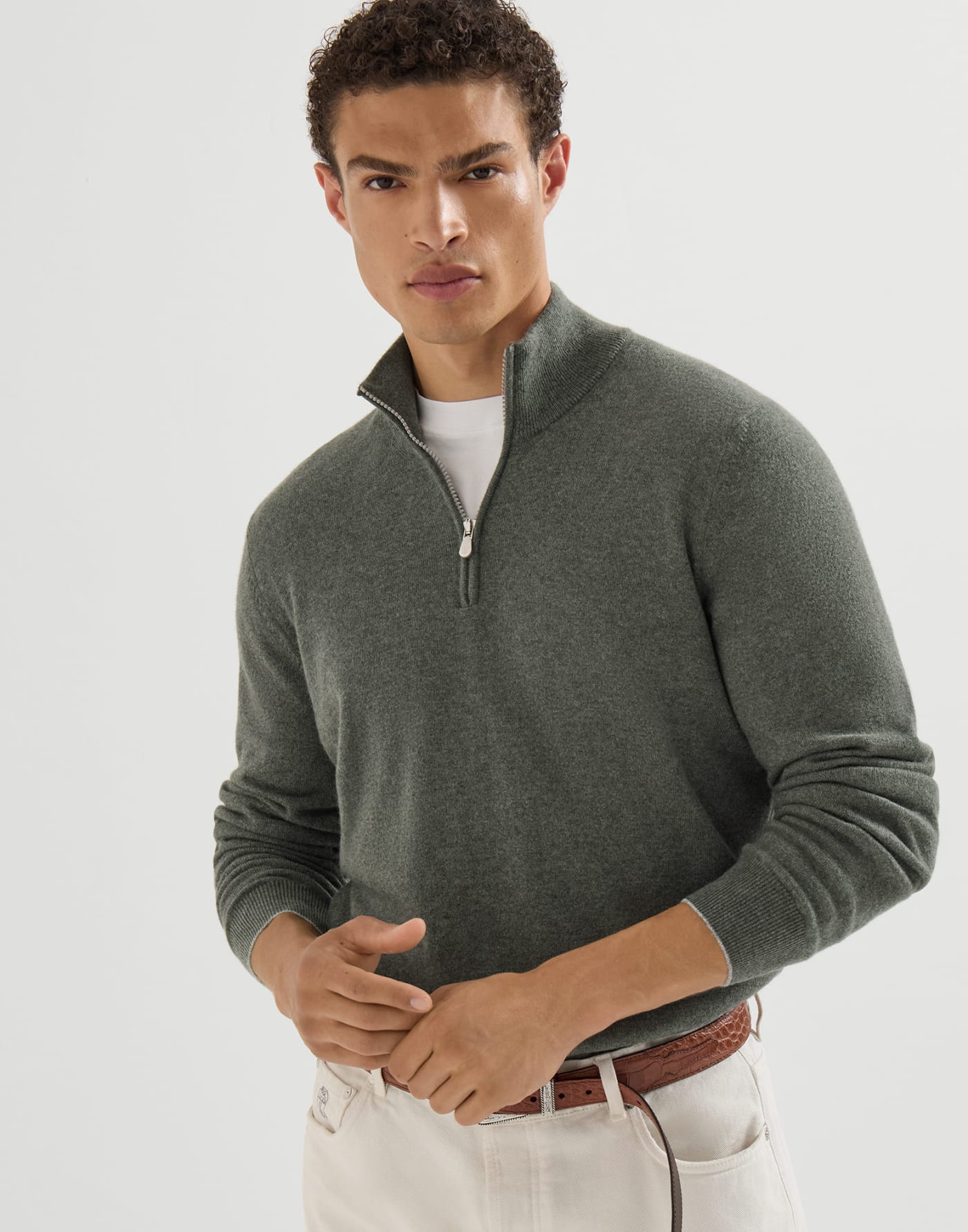 Cashmere sweater with half zip Forest Green Man - Brunello Cucinelli