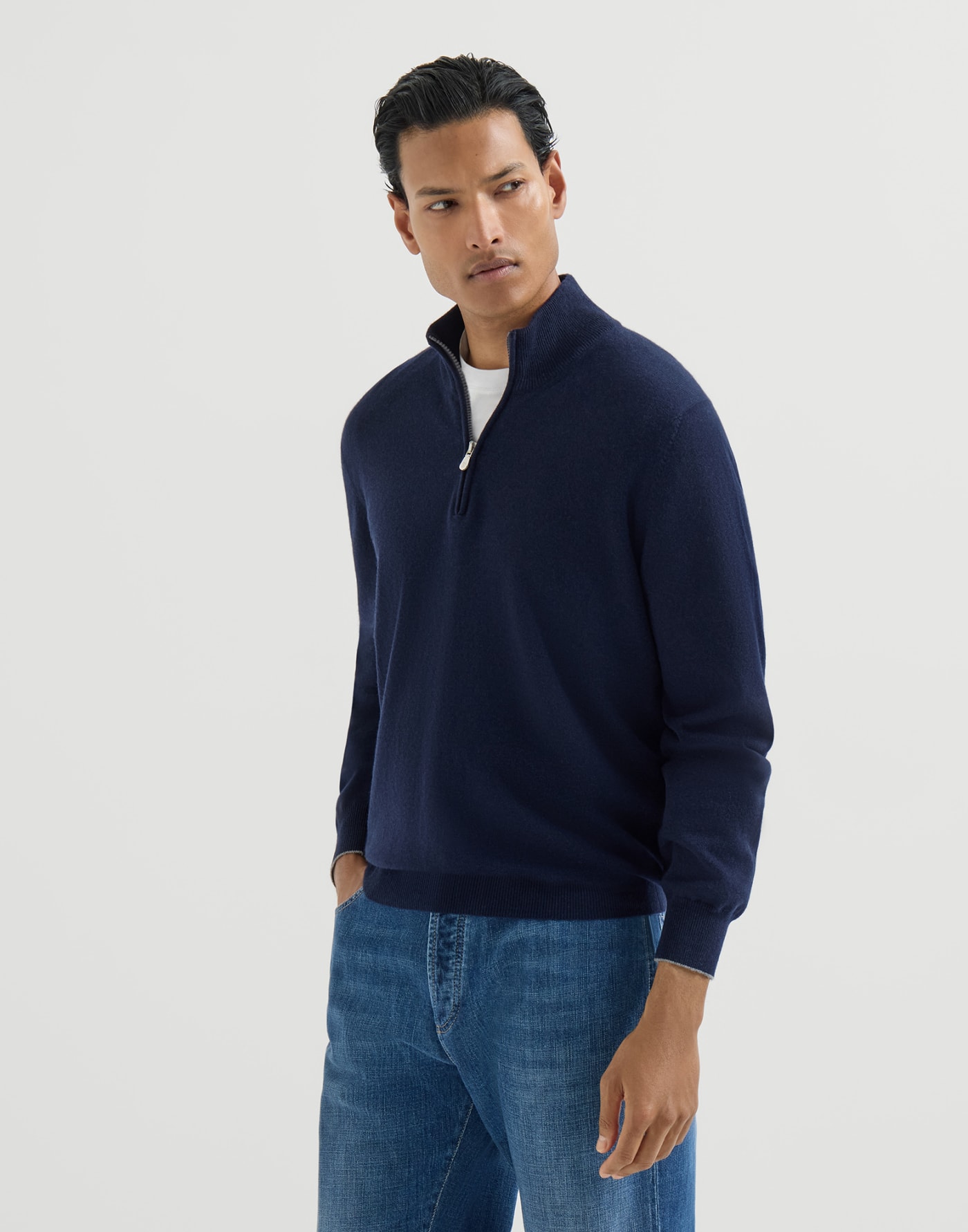Cashmere sweater with half zip Navy Blue Man - Brunello Cucinelli