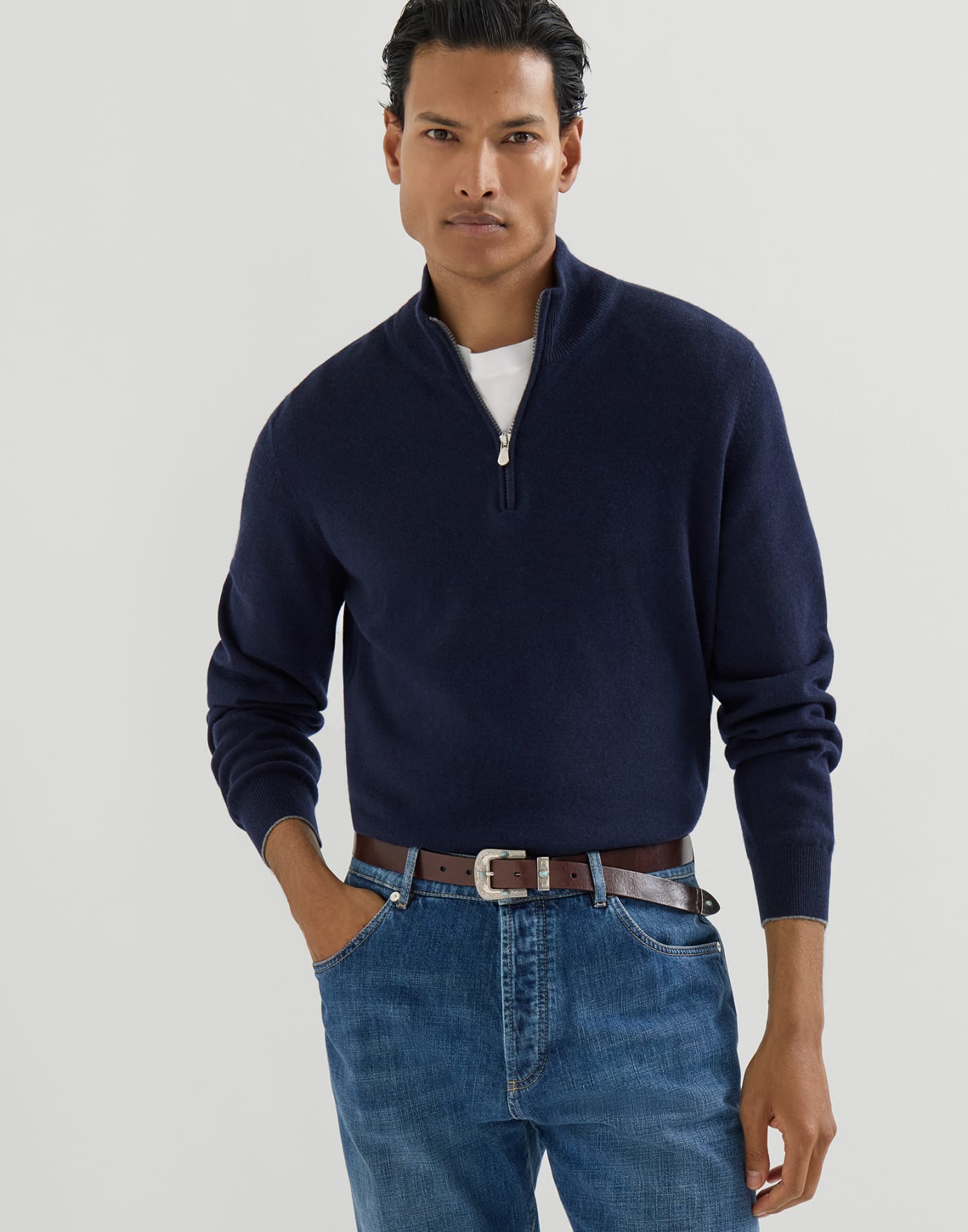 Cashmere sweater with half zip Navy Blue Man - Brunello Cucinelli