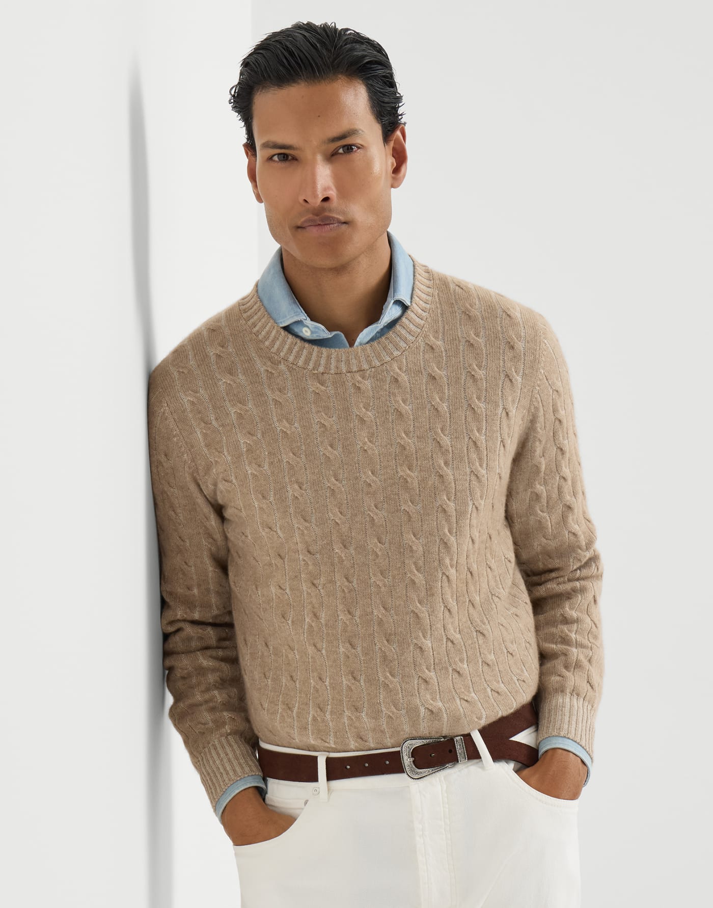 Cashmere vanisé cable knit sweater Brown Man - Brunello Cucinelli