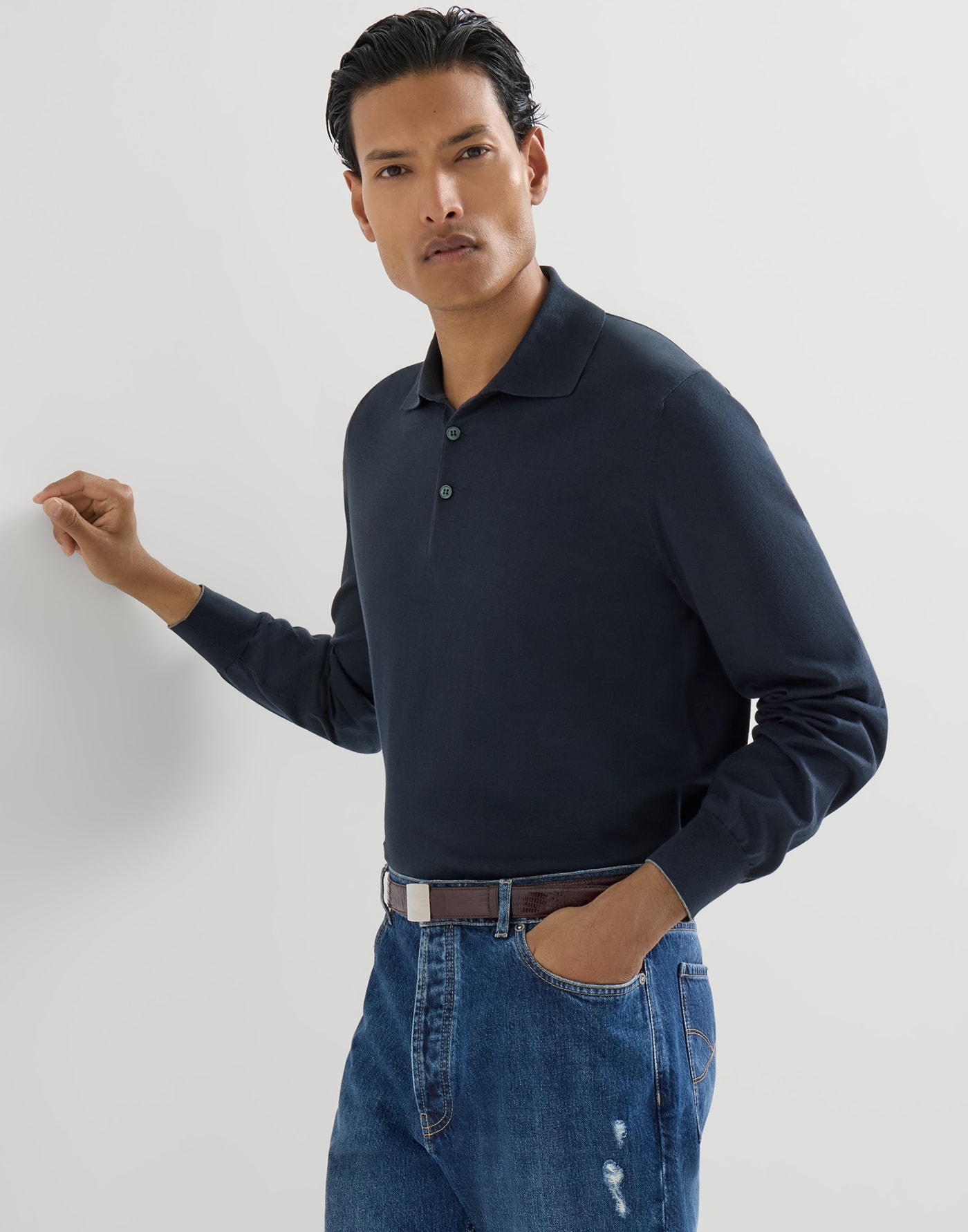薄款棉针织马球衫 海军蓝 男款 - Brunello Cucinelli