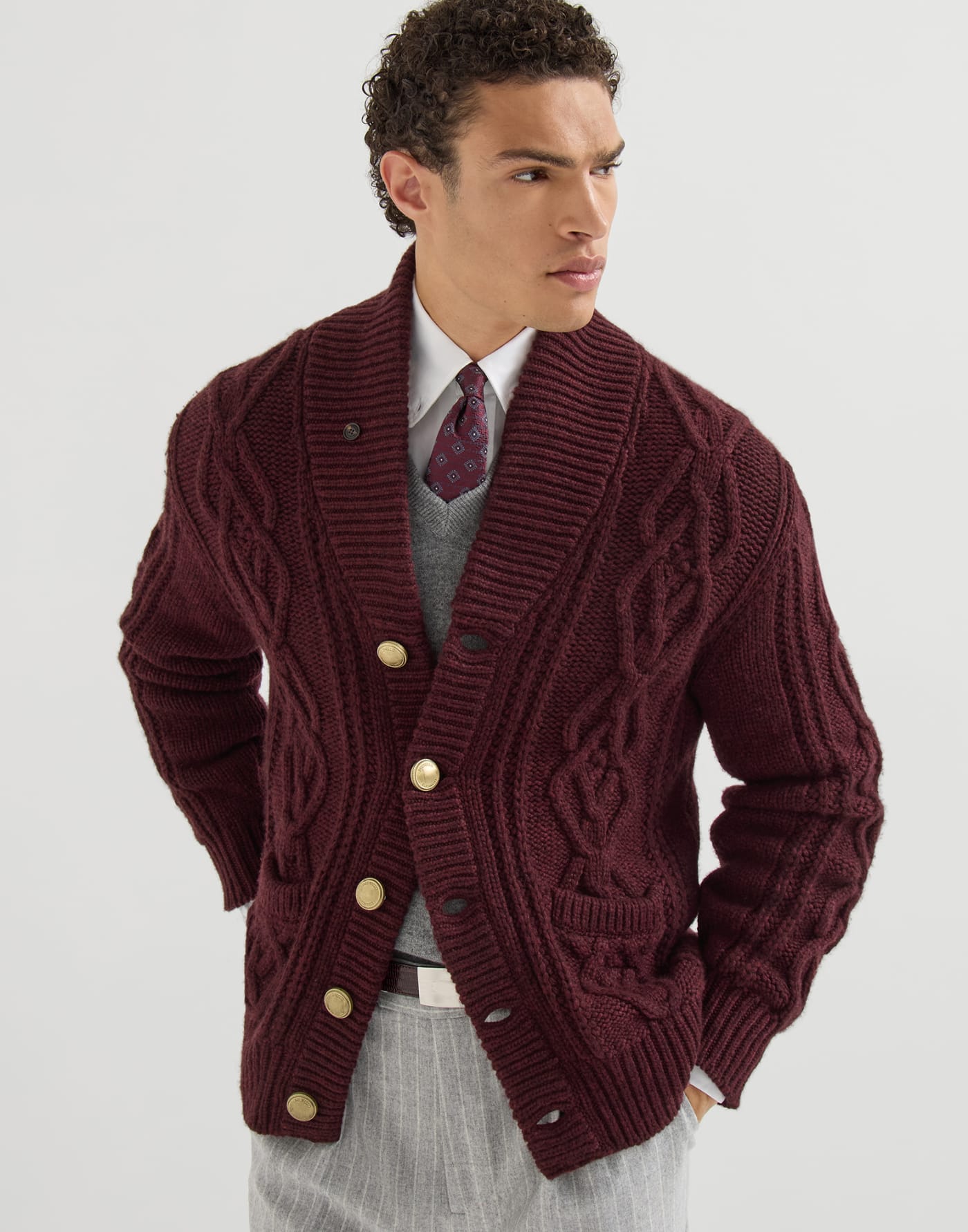 Cashmere Feather yarn cardigan Burgundy Man - Brunello Cucinelli