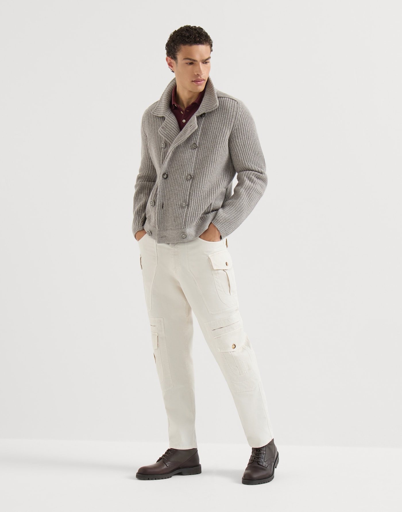 Cotton piqué polo shirt with logo Burgundy Man - Brunello Cucinelli