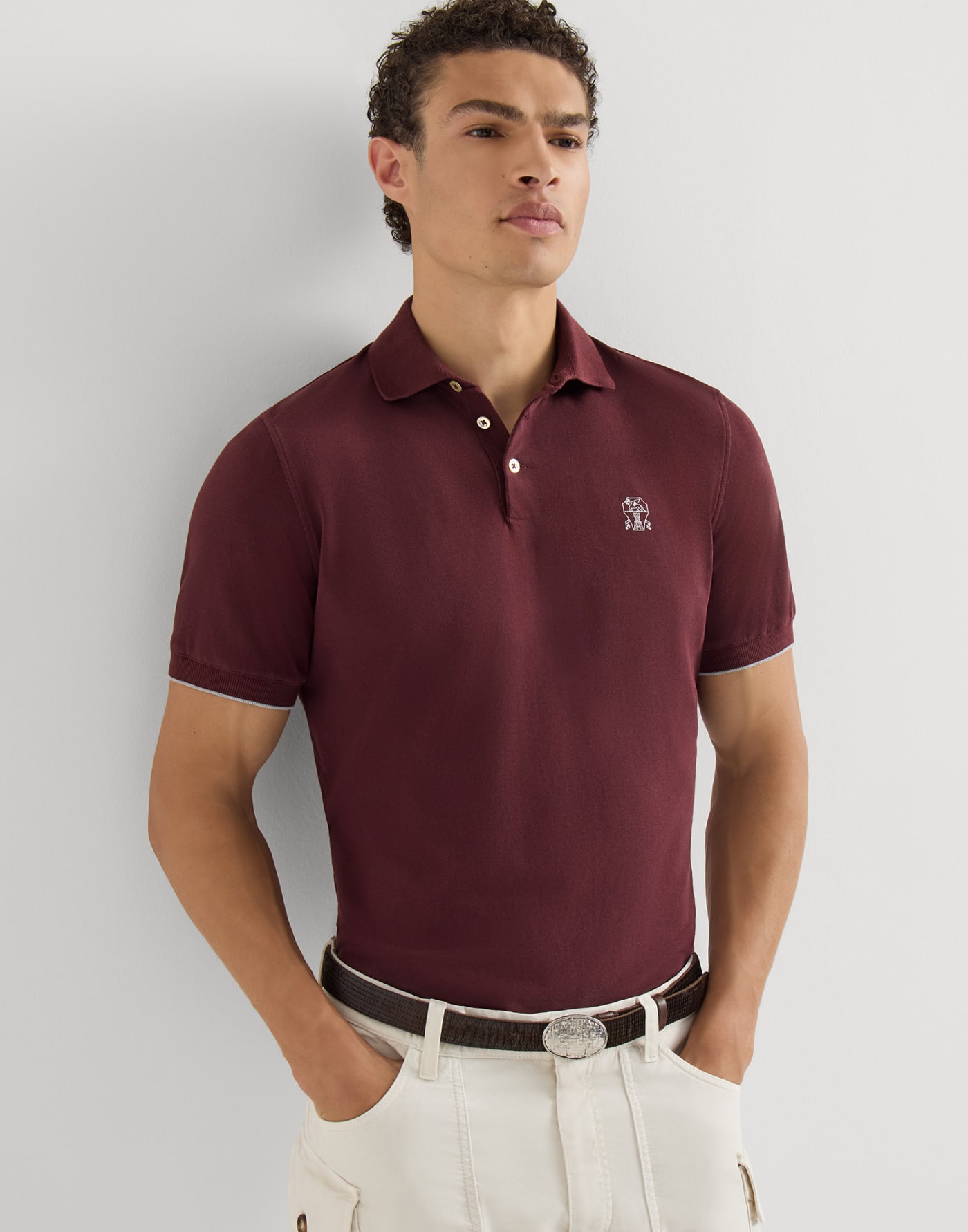 Cotton piqué polo shirt with logo Burgundy Man - Brunello Cucinelli