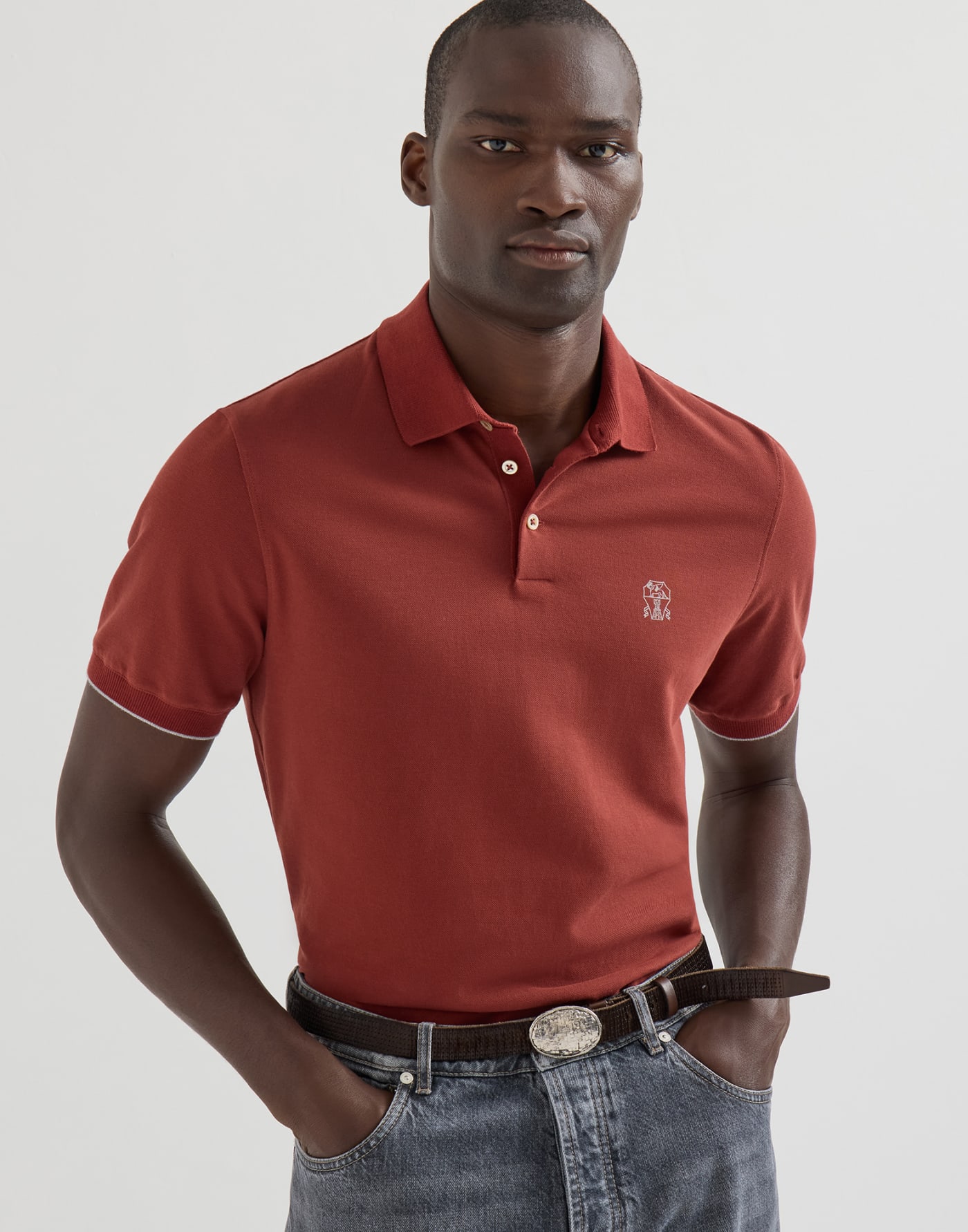 Cotton piqué polo shirt with logo Firebrick Man - Brunello Cucinelli