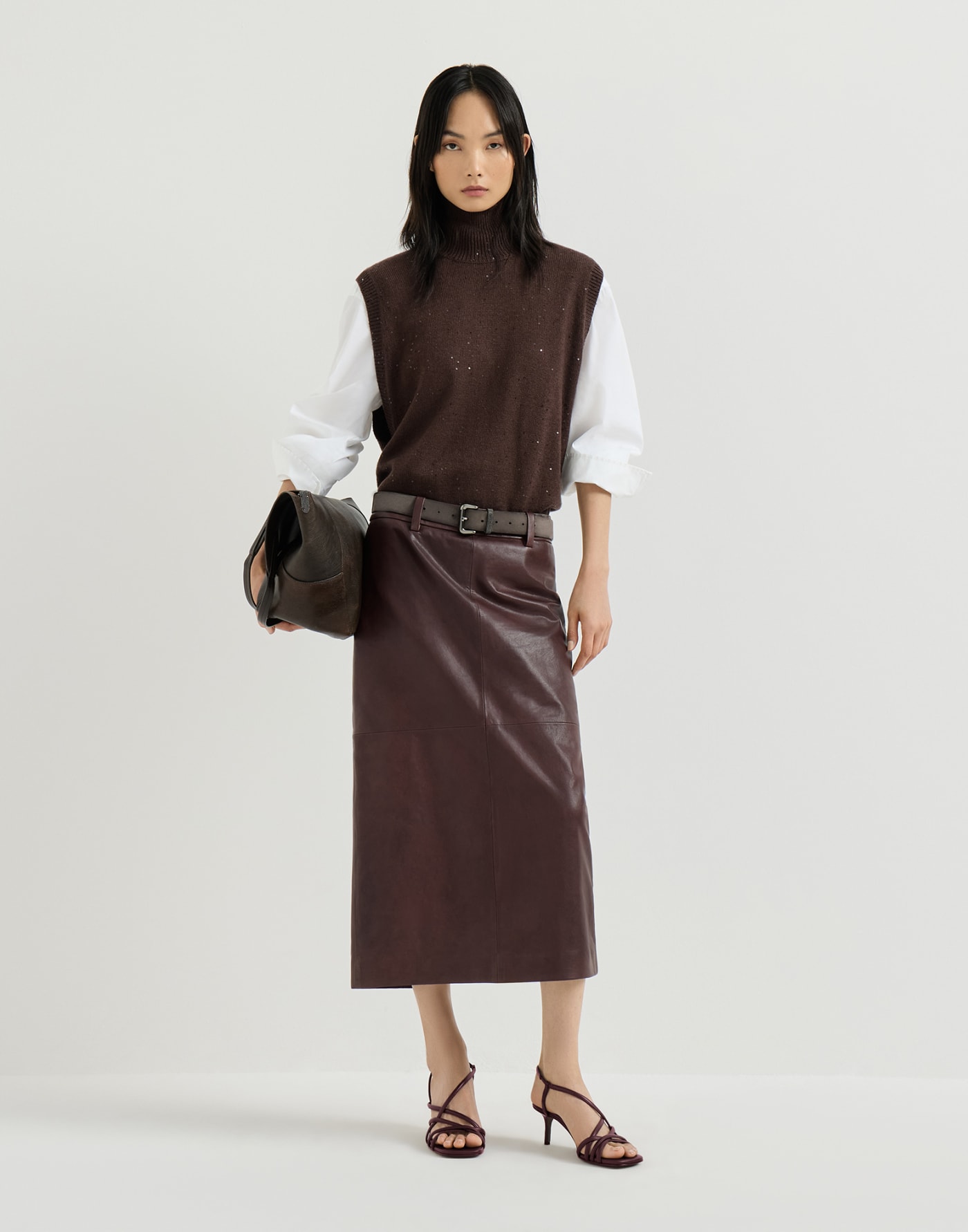 Calfskin city heels with monili Burgundy Woman - Brunello Cucinelli