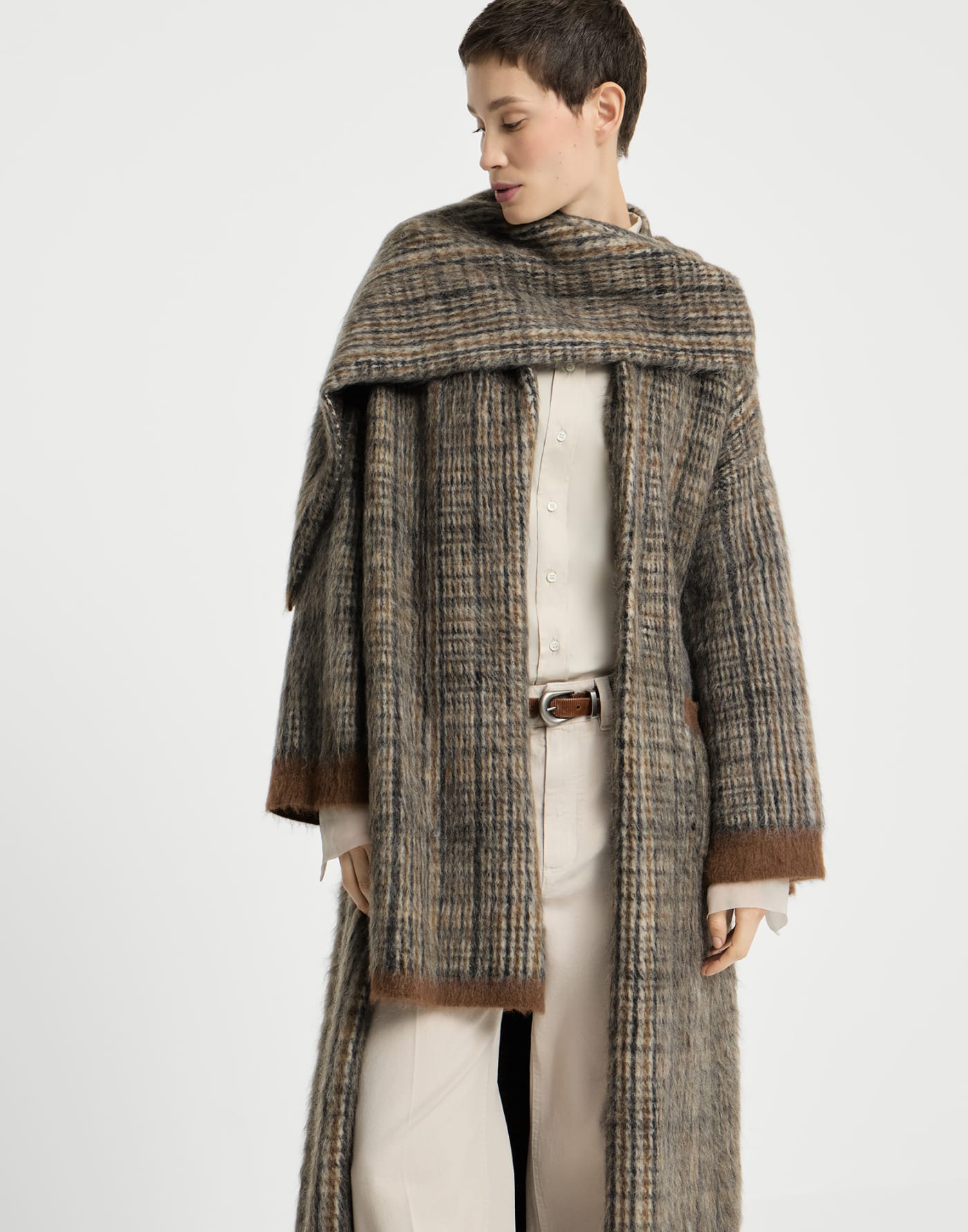 Prince of Wales double knit coat Brown Woman - Brunello Cucinelli