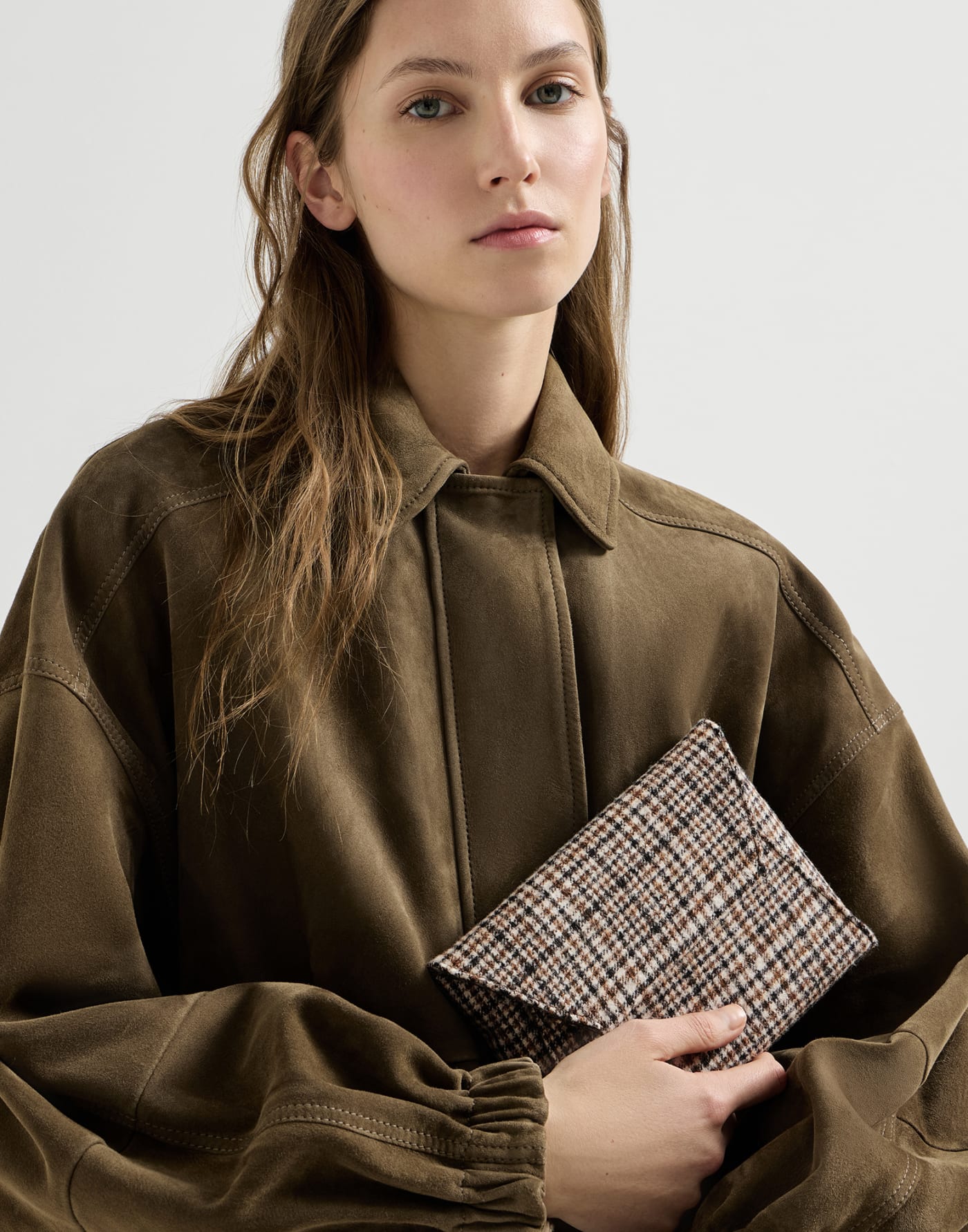 Duo 镶珠装饰格纹手拿包 棕色 女款 - Brunello Cucinelli