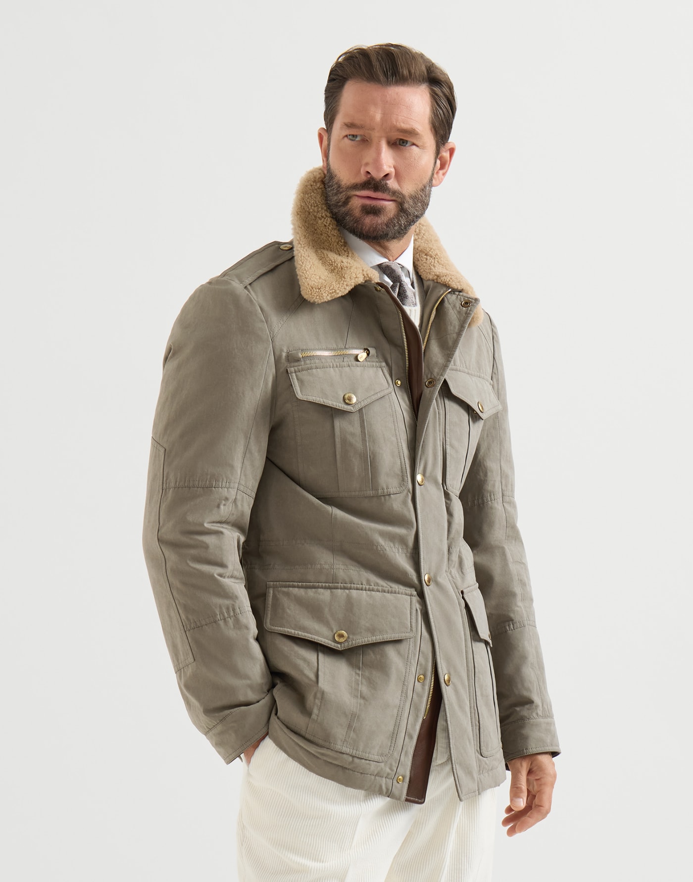 Techno cotton safari jacket Khaki Man - Brunello Cucinelli