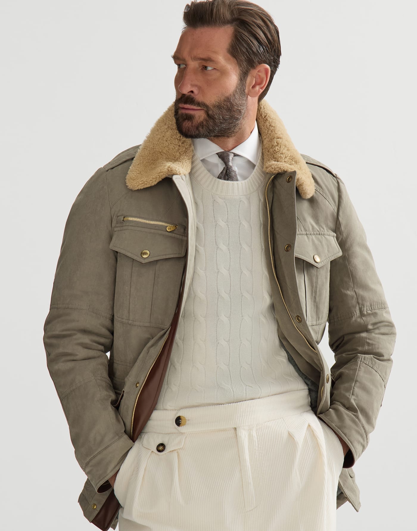 Techno cotton safari jacket Khaki Man - Brunello Cucinelli
