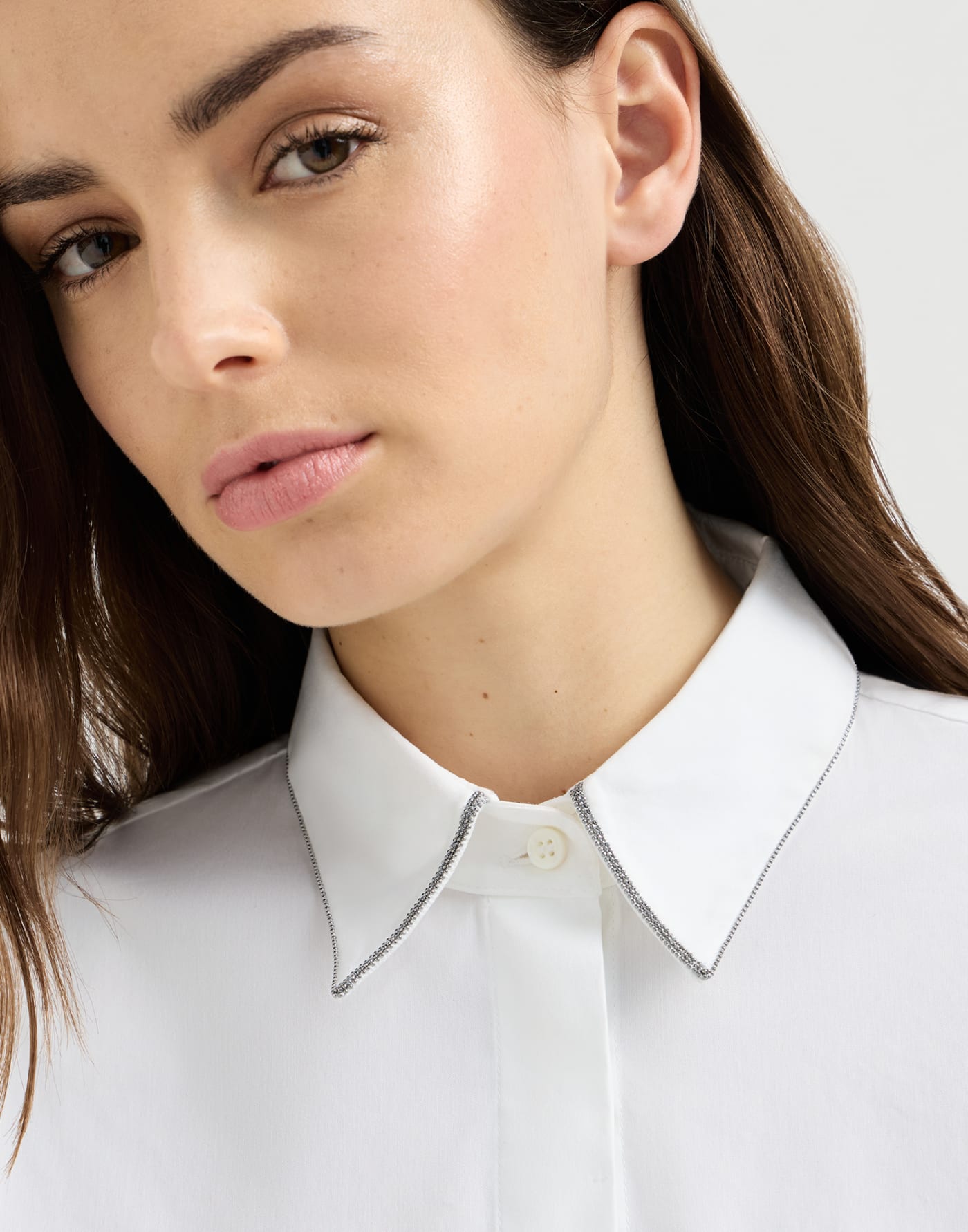 Stretch poplin shirt with monili White Woman - Brunello Cucinelli