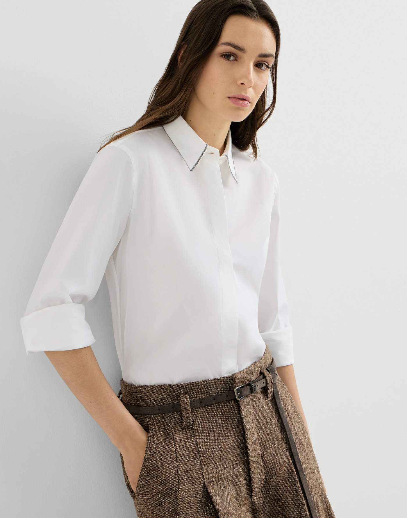 Stretch poplin shirt with monili White Woman - Brunello Cucinelli