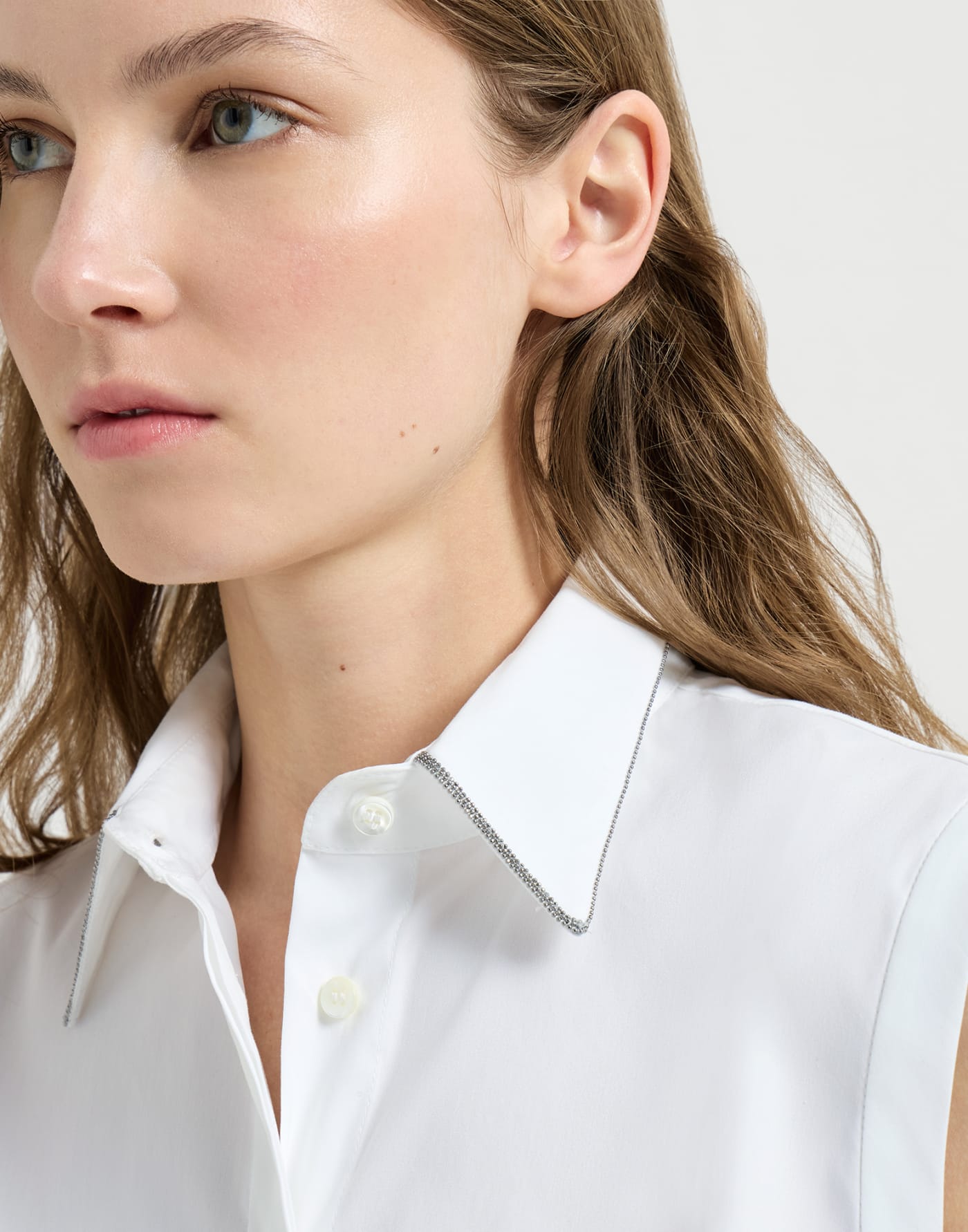 Sleeveless Shirt with Shiny Trim White Woman - Brunello Cucinelli