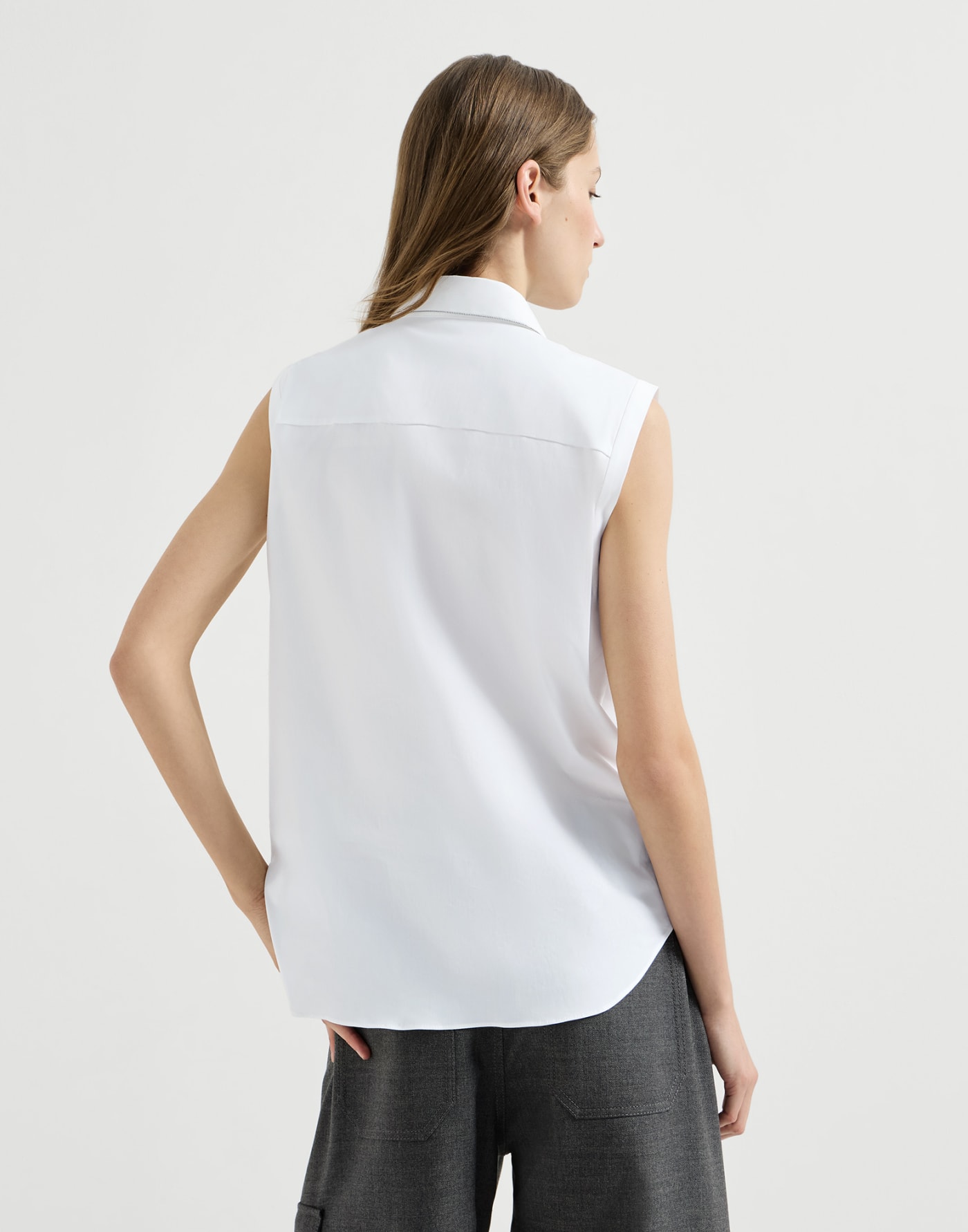 Sleeveless Shirt with Shiny Trim White Woman - Brunello Cucinelli