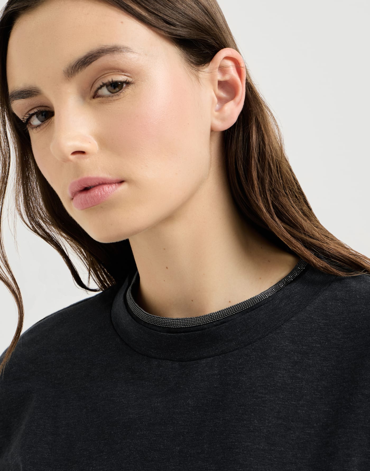 Jersey T-shirt with monili Anthracite Woman - Brunello Cucinelli