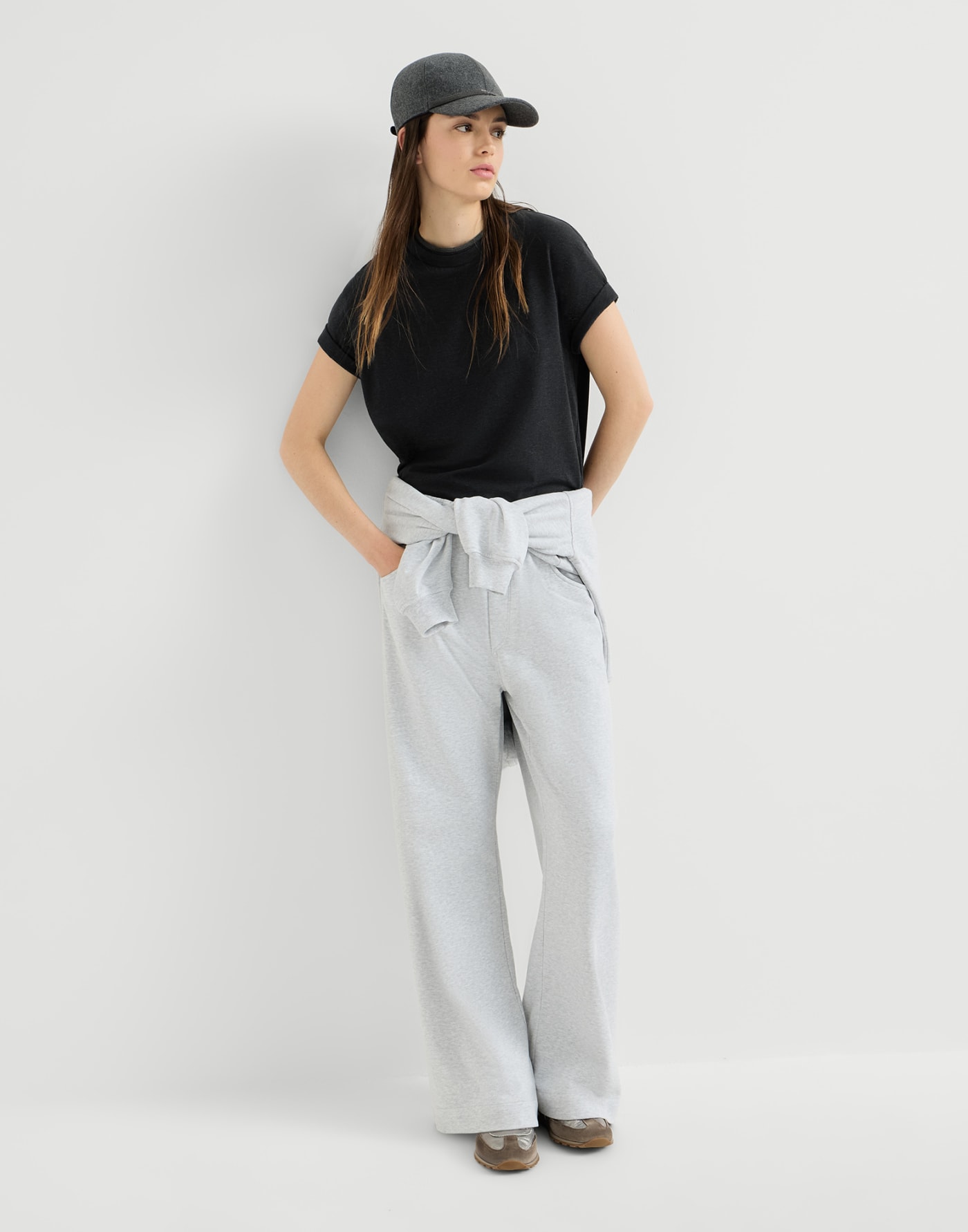 Jersey T-shirt with monili Anthracite Woman - Brunello Cucinelli