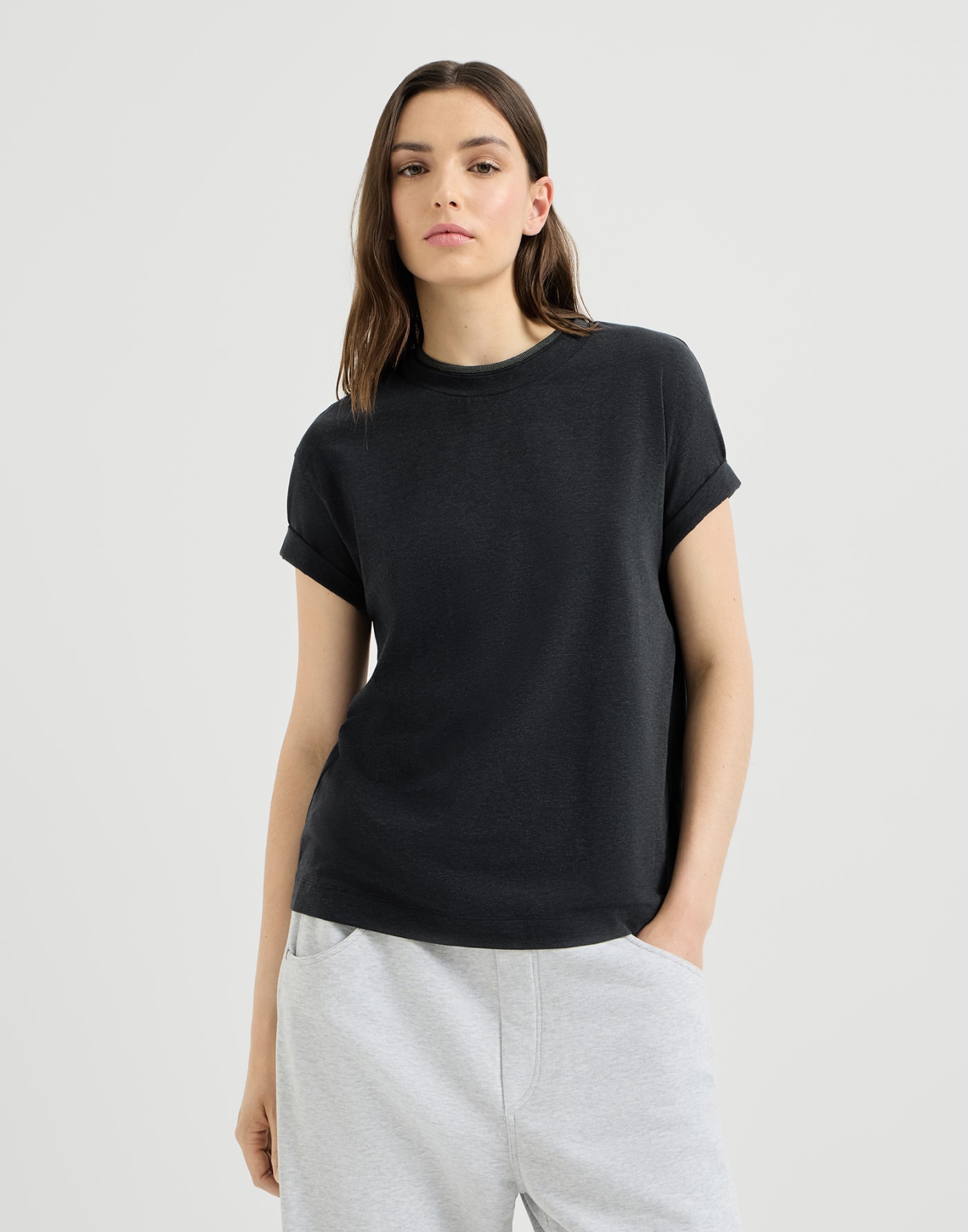 Jersey T-shirt with monili Anthracite Woman - Brunello Cucinelli