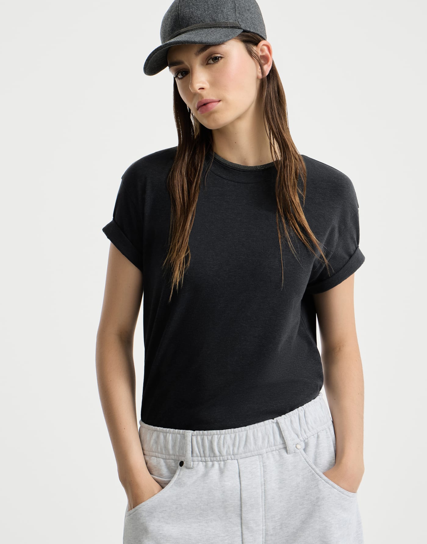 Jersey T-shirt with monili Anthracite Woman - Brunello Cucinelli