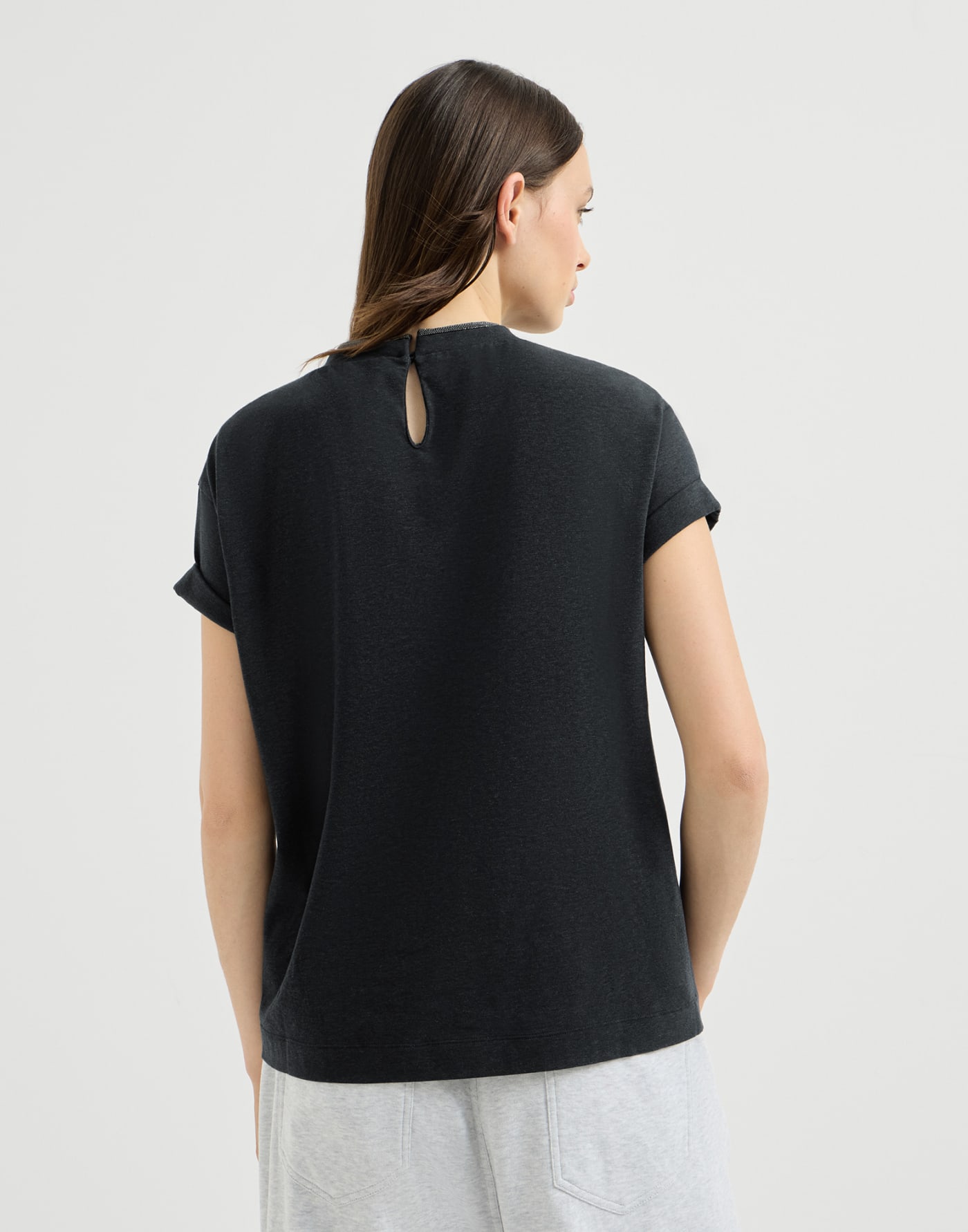 Jersey T-shirt with monili Anthracite Woman - Brunello Cucinelli
