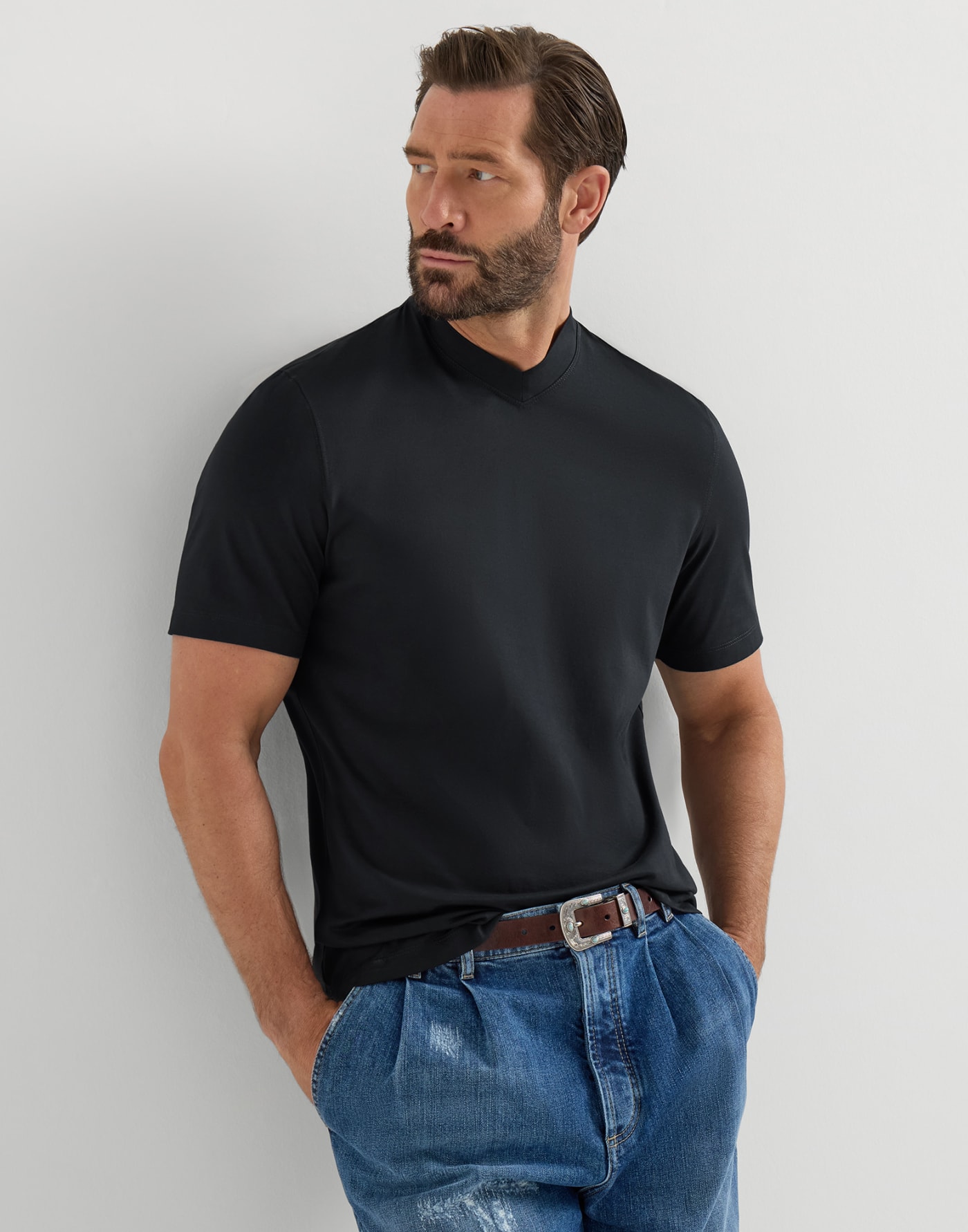 Cotton jersey V-neck T-shirt Navy Blue Man - Brunello Cucinelli