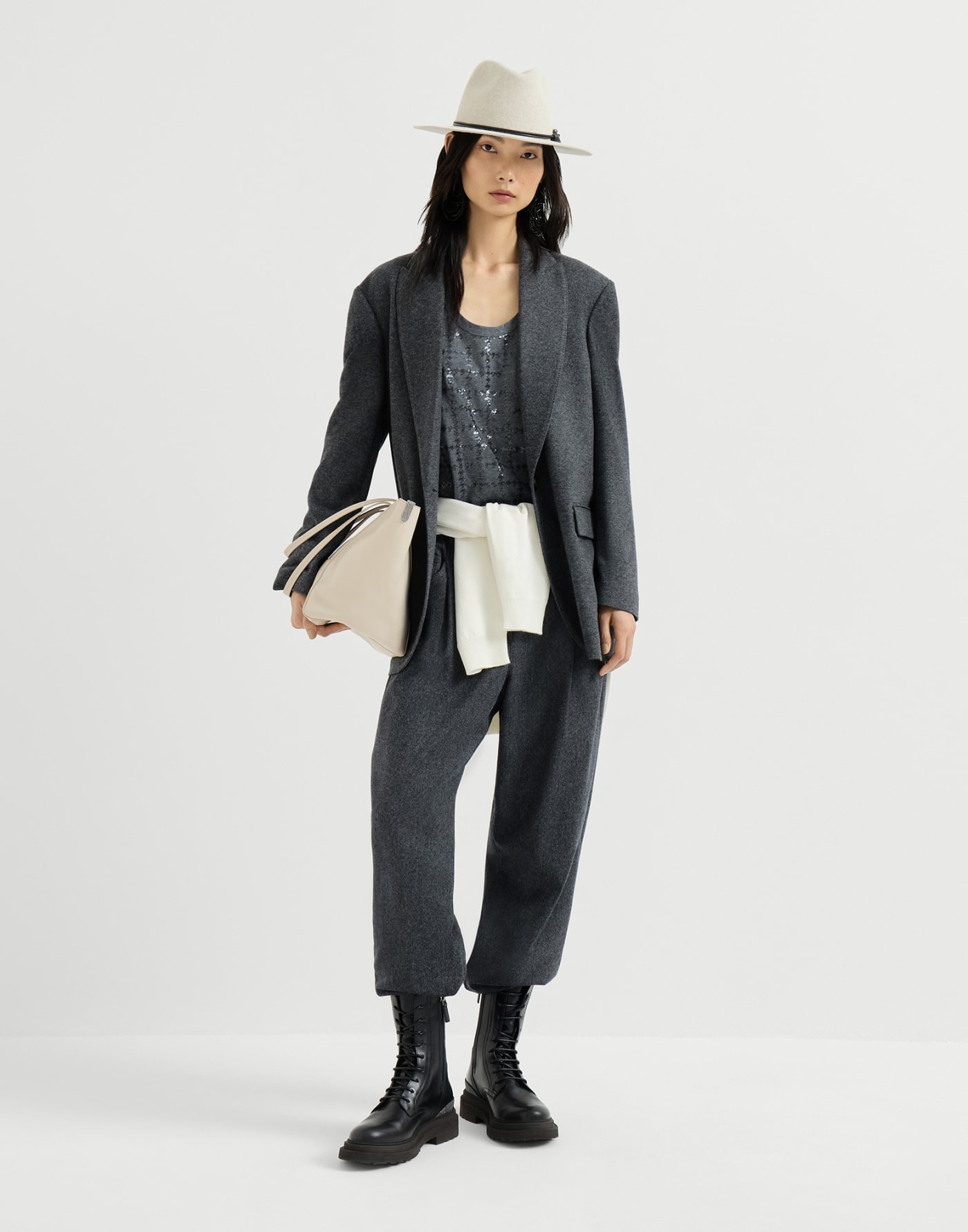 Top with dazzling windowpane embroidery Lead Woman - Brunello Cucinelli