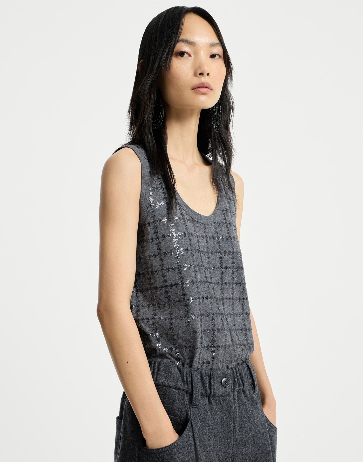 Top with dazzling windowpane embroidery Lead Woman - Brunello Cucinelli
