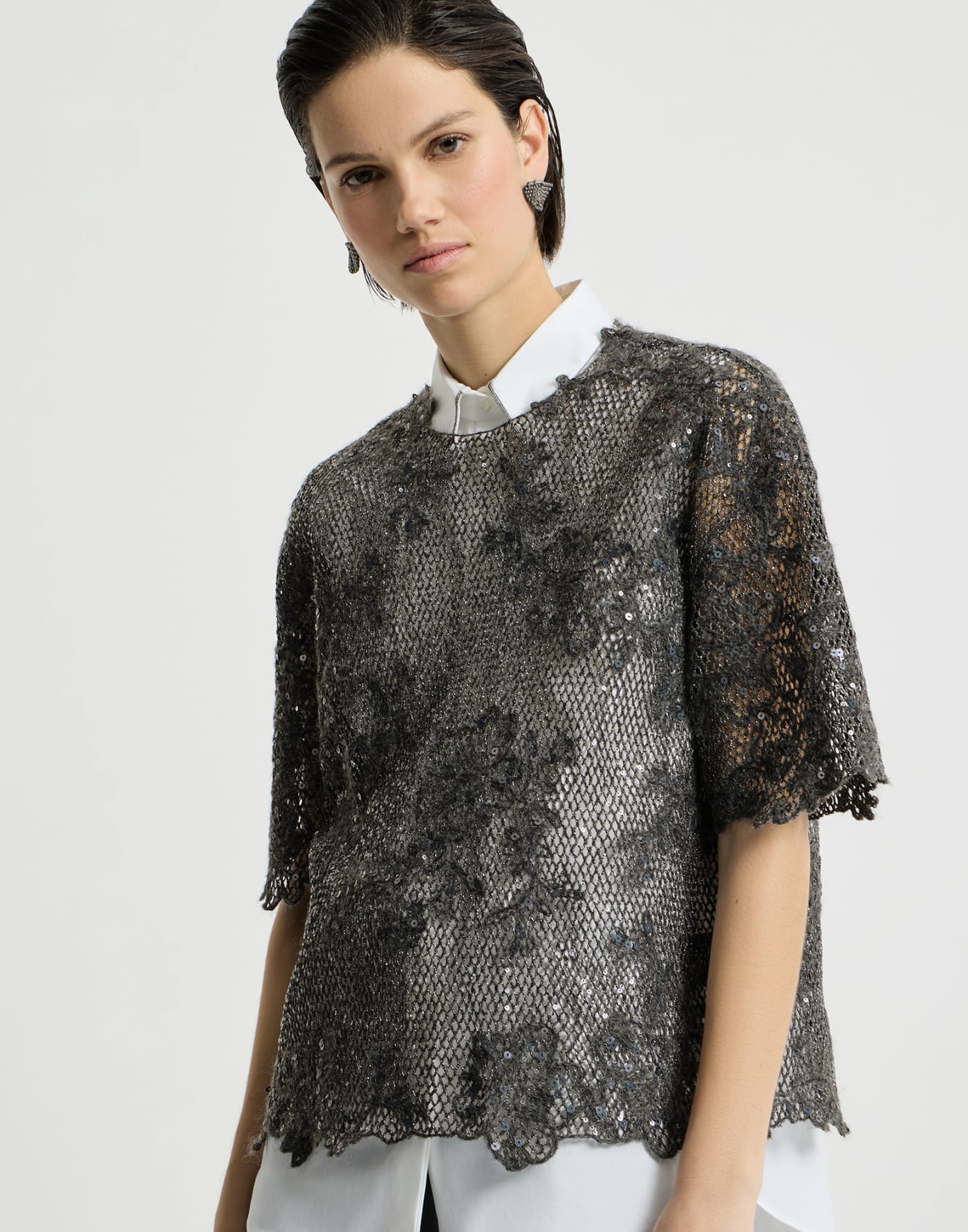 Dazzling lace embroidery T-shirt Dark Grey Woman - Brunello Cucinelli