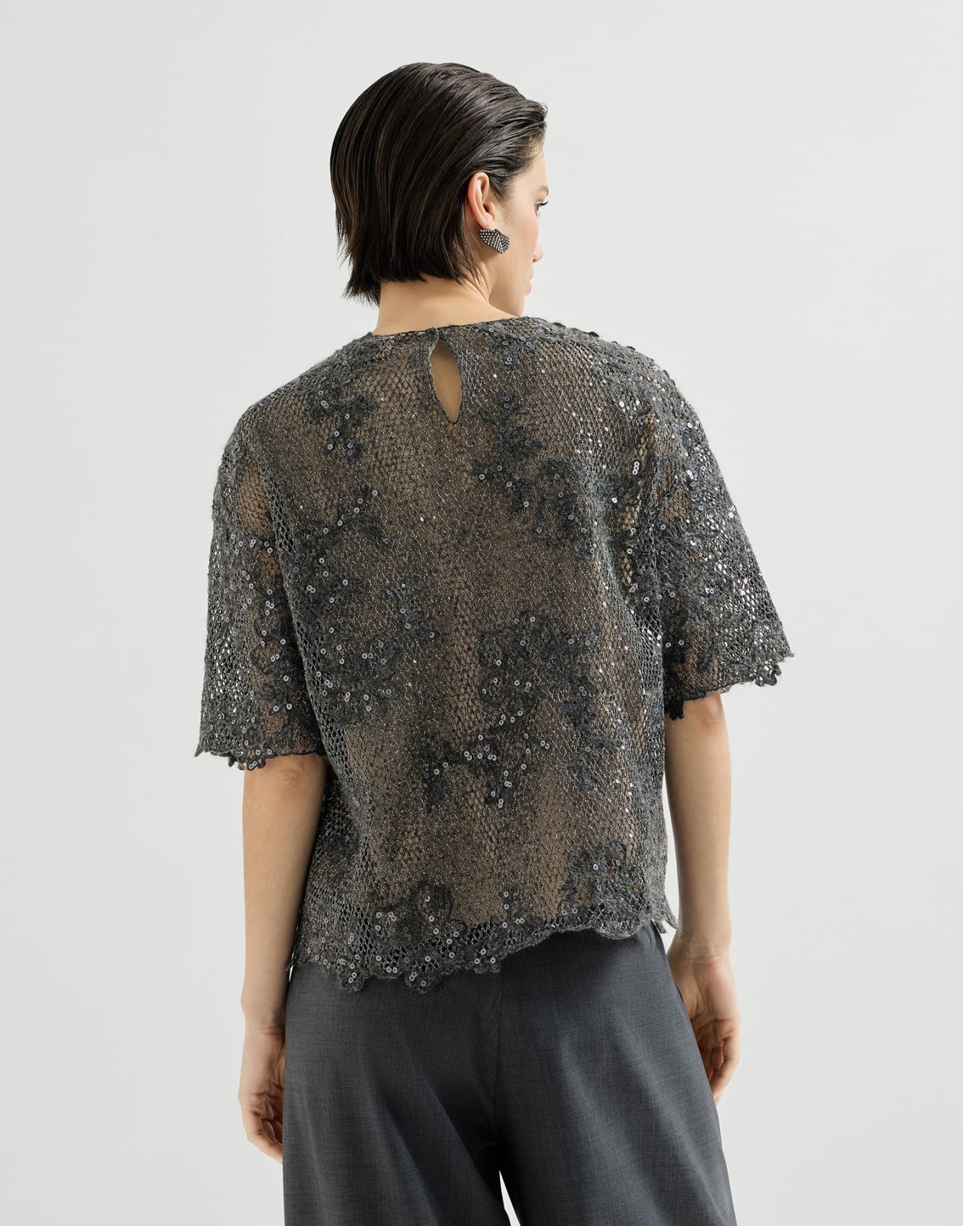 Dazzling lace embroidery T-shirt Dark Grey Woman - Brunello Cucinelli