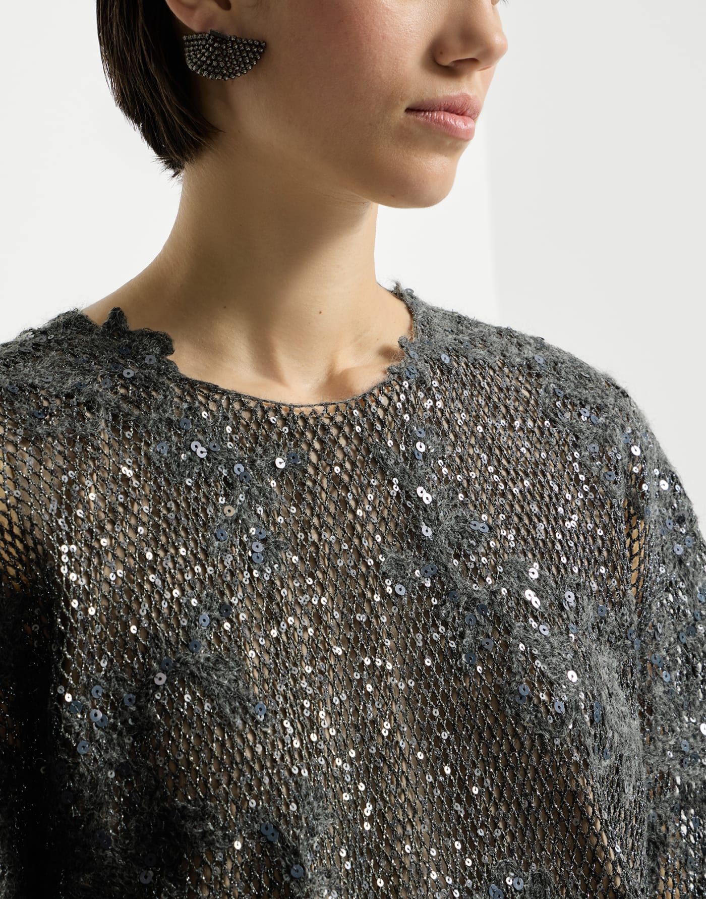 Dazzling lace embroidery T-shirt Dark Grey Woman - Brunello Cucinelli
