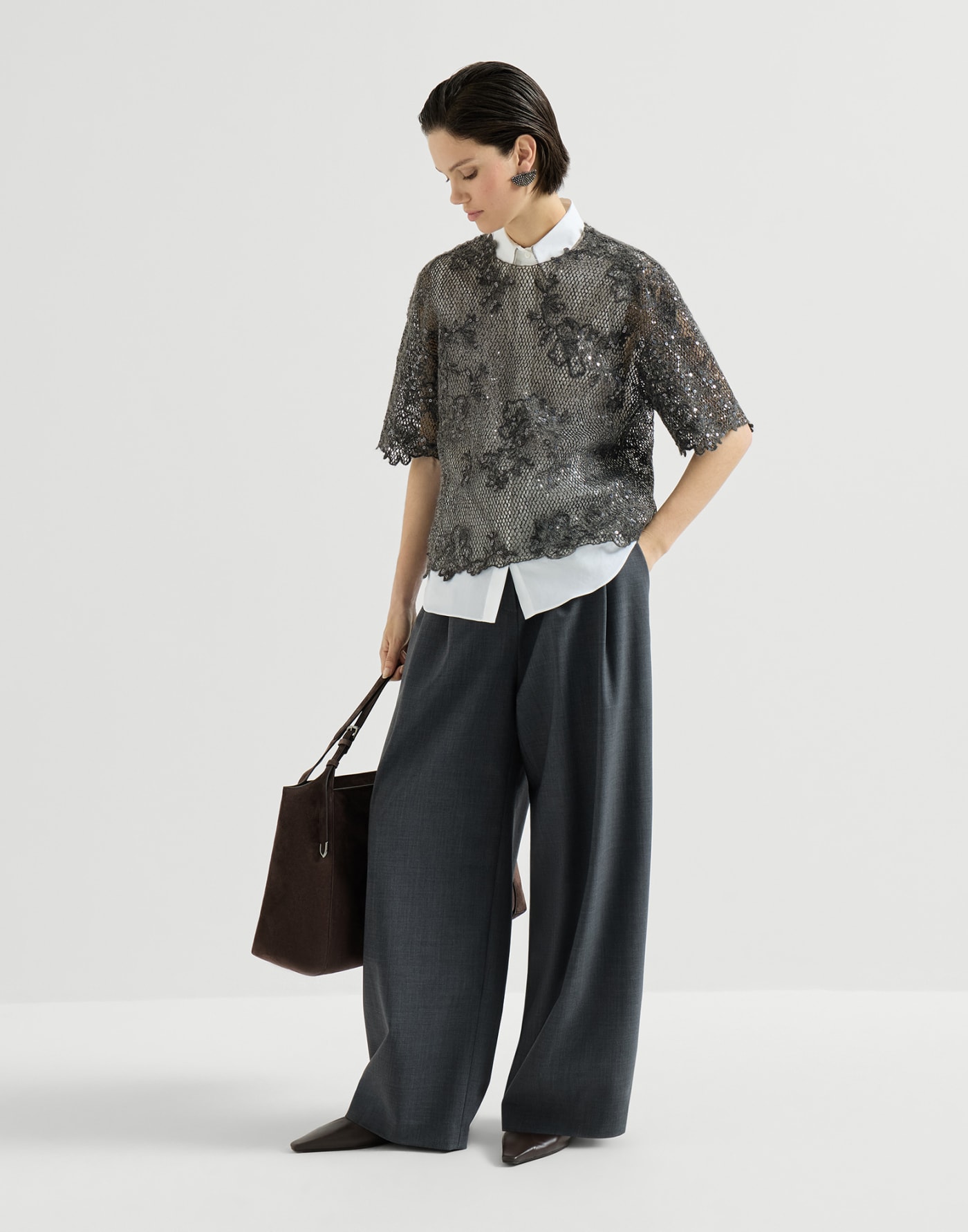 Dazzling lace embroidery T-shirt Dark Grey Woman - Brunello Cucinelli