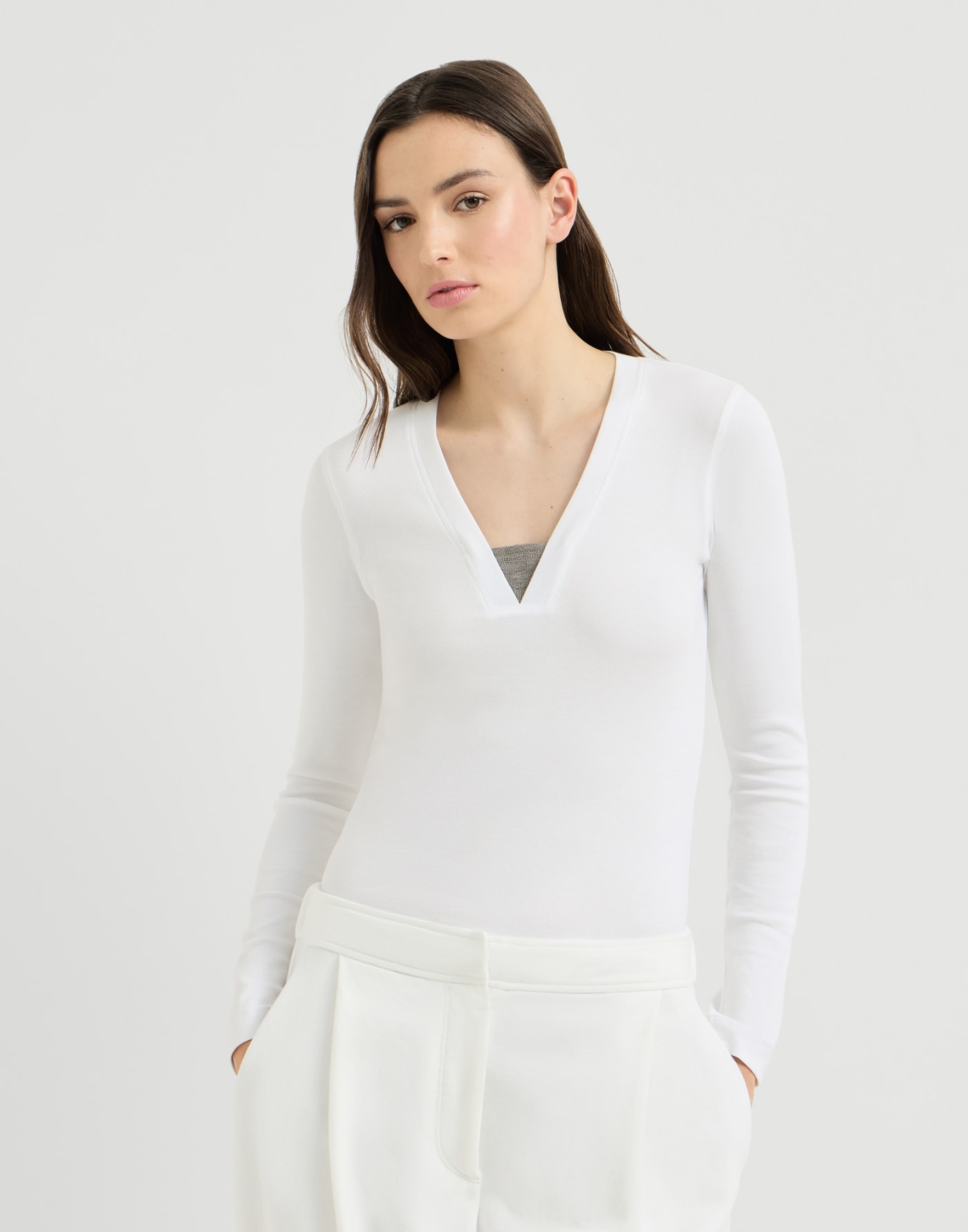 Jersey top with Precious Insert White Woman - Brunello Cucinelli