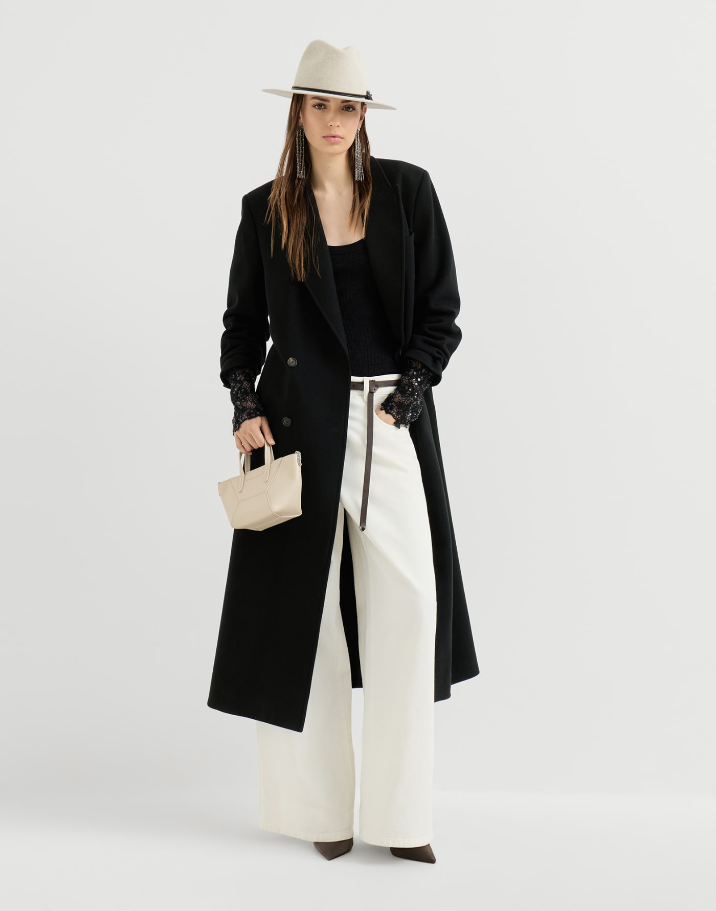 Cashmere coat with belt and monili Black Woman - Brunello Cucinelli