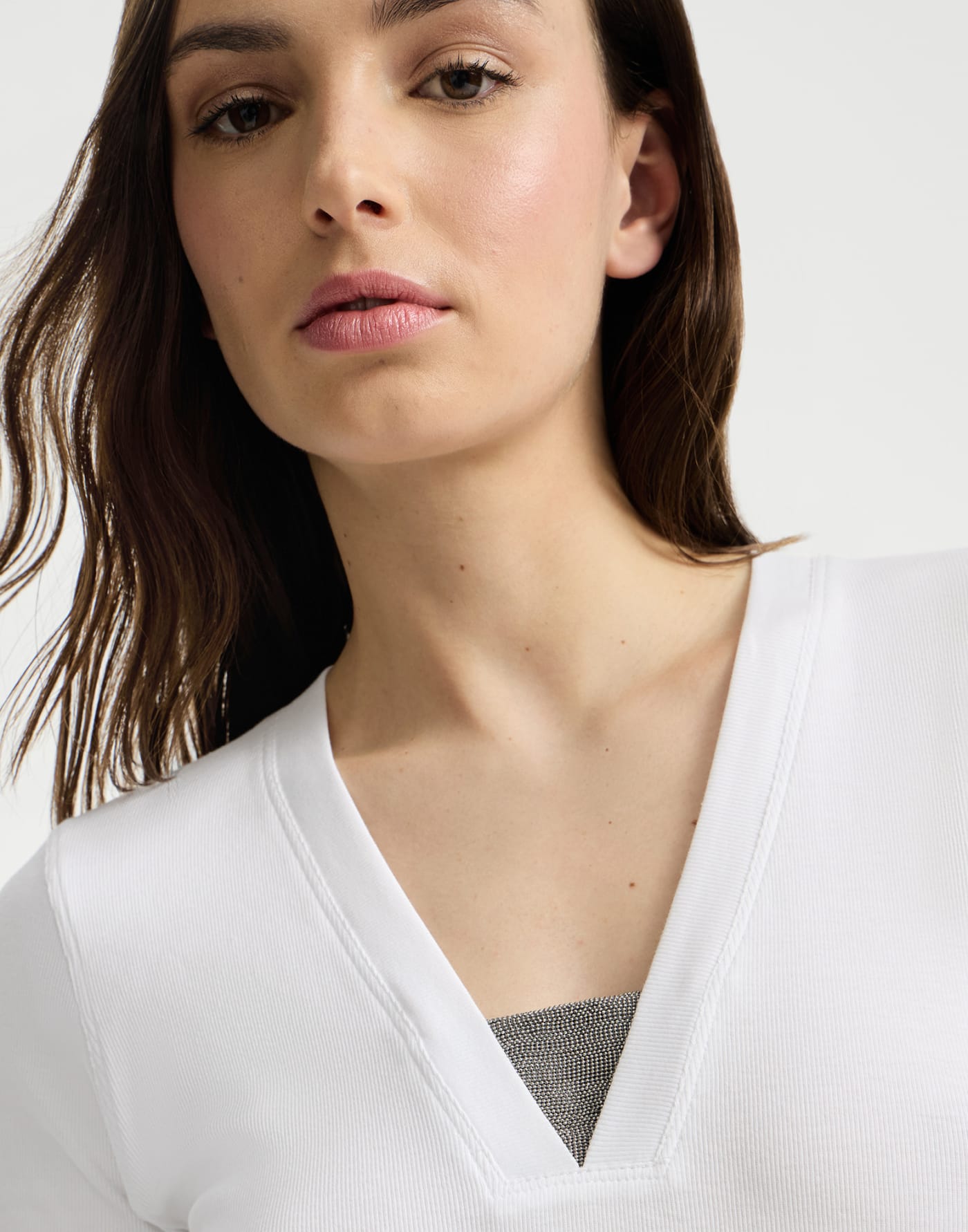 Jersey top with Precious Insert White Woman - Brunello Cucinelli